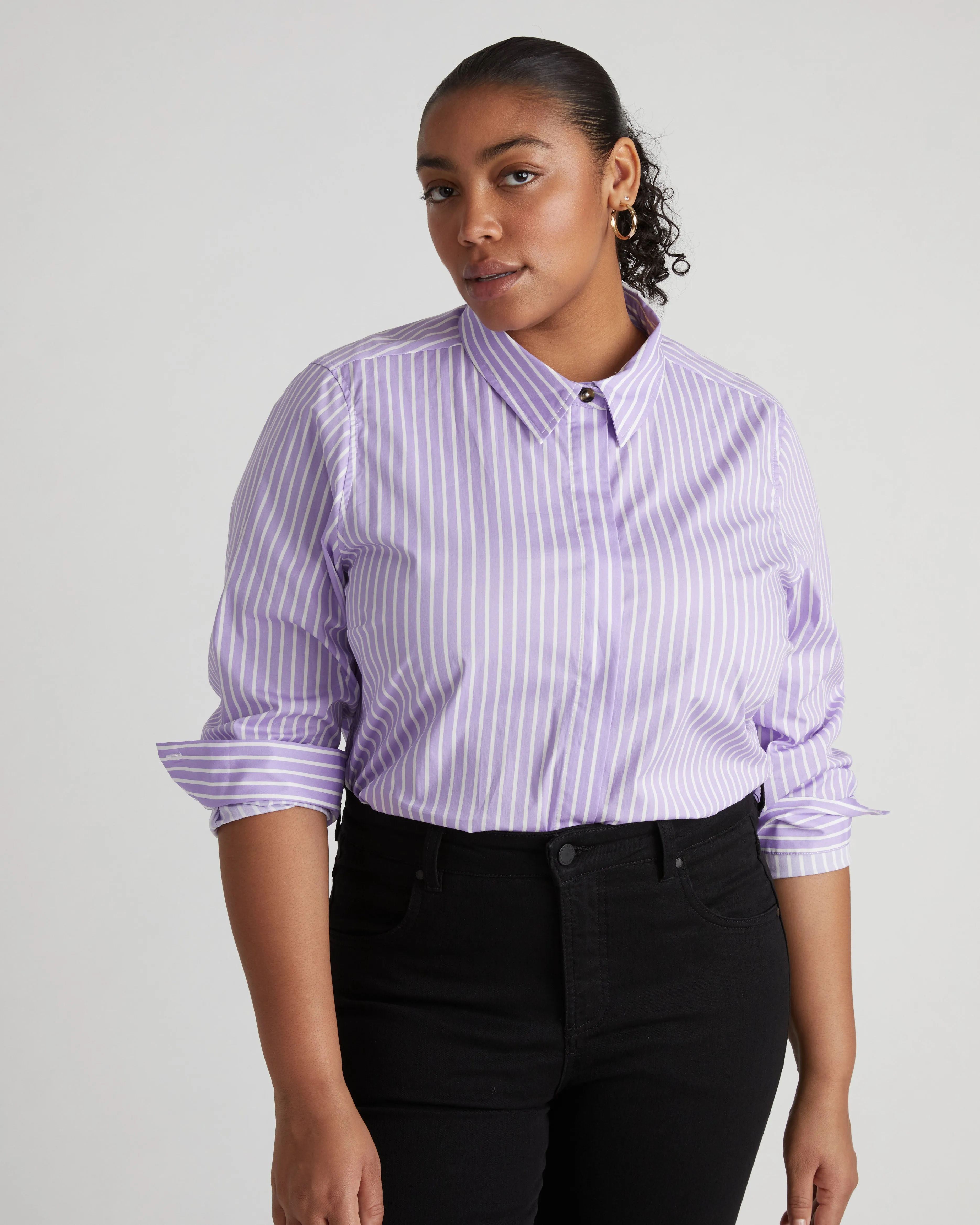 Elbe Stretch Poplin Shirt Classic Fit - Lavender/White Stripe sold by Universal Standard