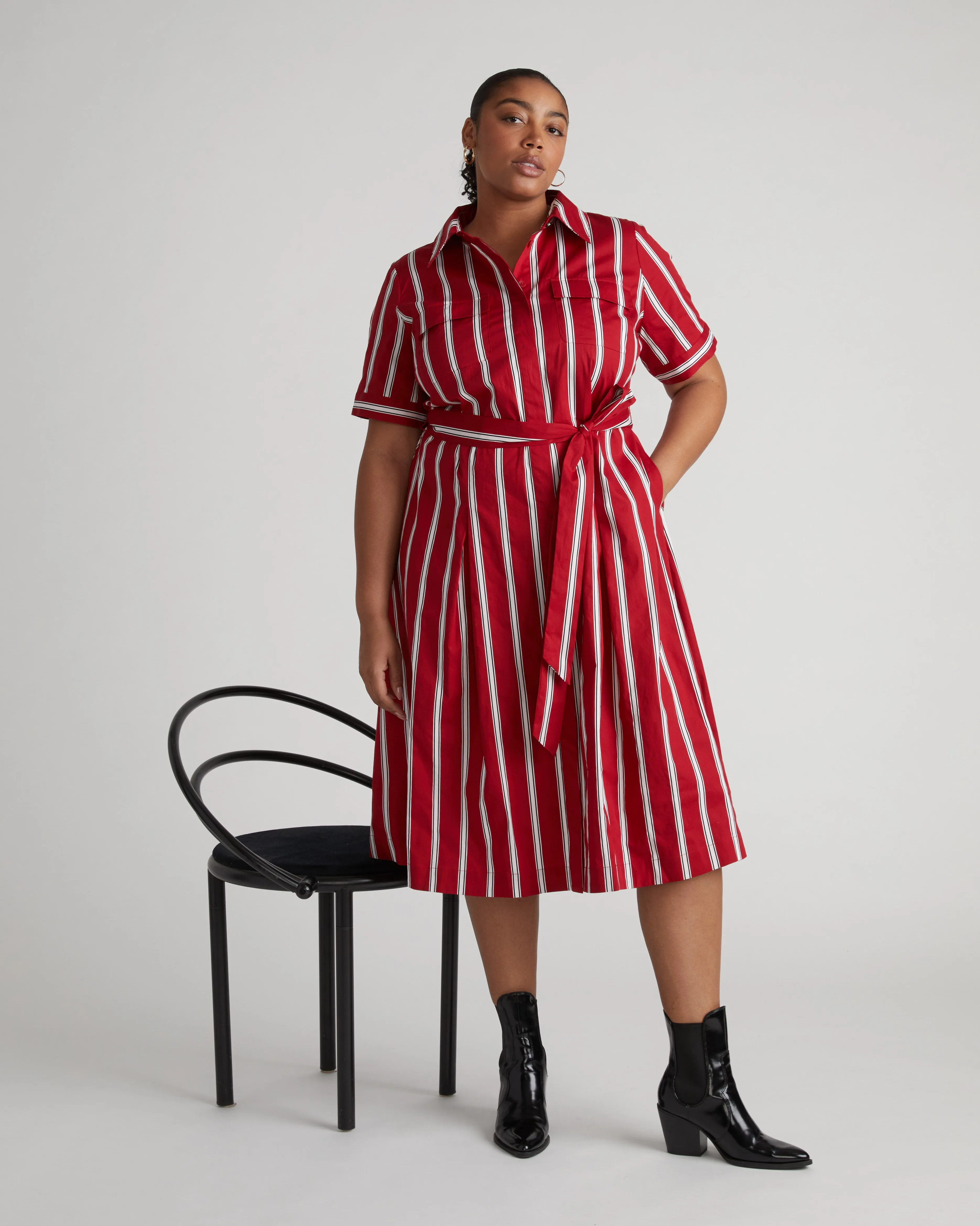 City Poplin Shirtdress - Red/Black/White Stripe sold by Universal Standard