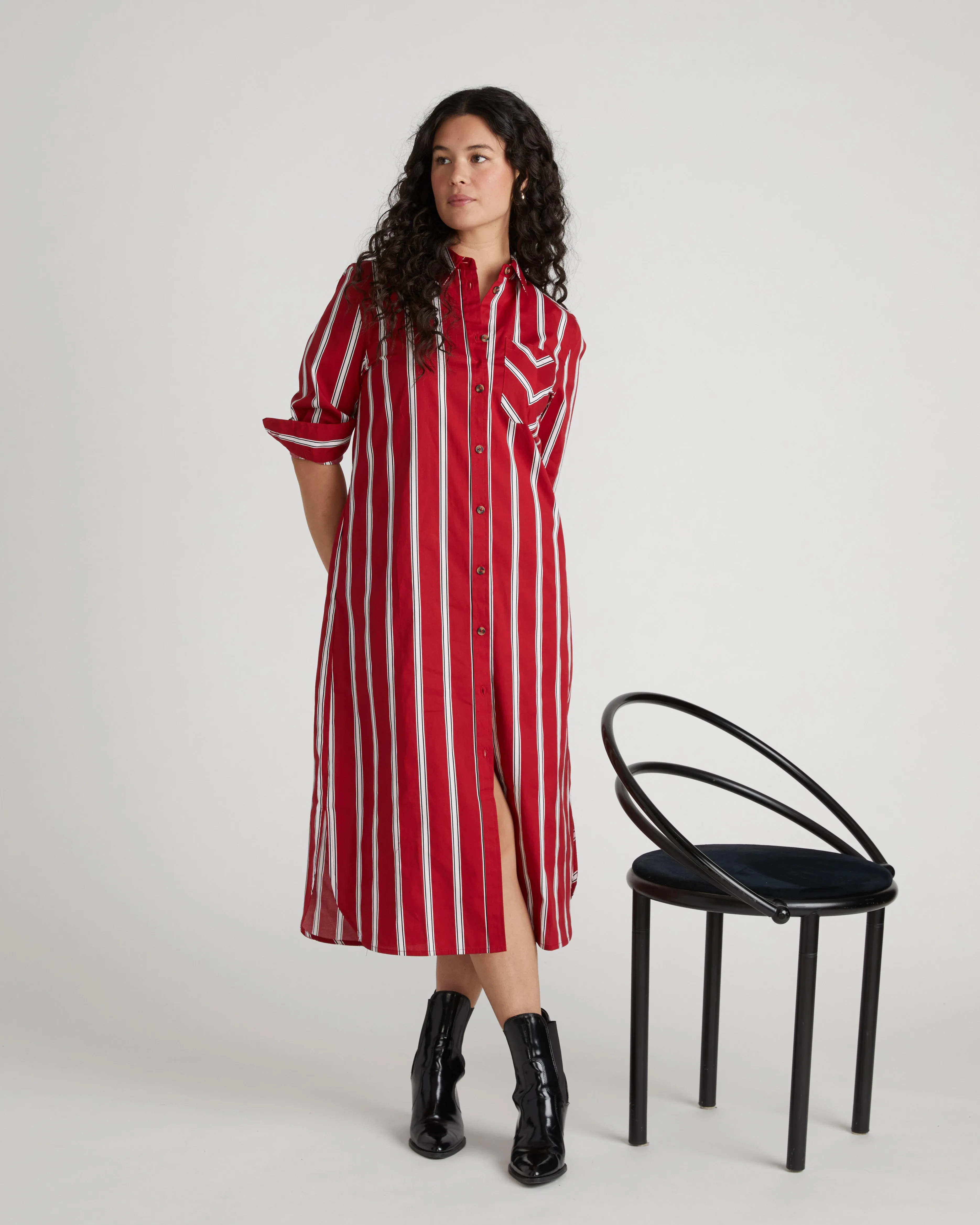 Odeon Stretch Poplin Shirtdress - Red/Black/White Stripe sold by Universal Standard