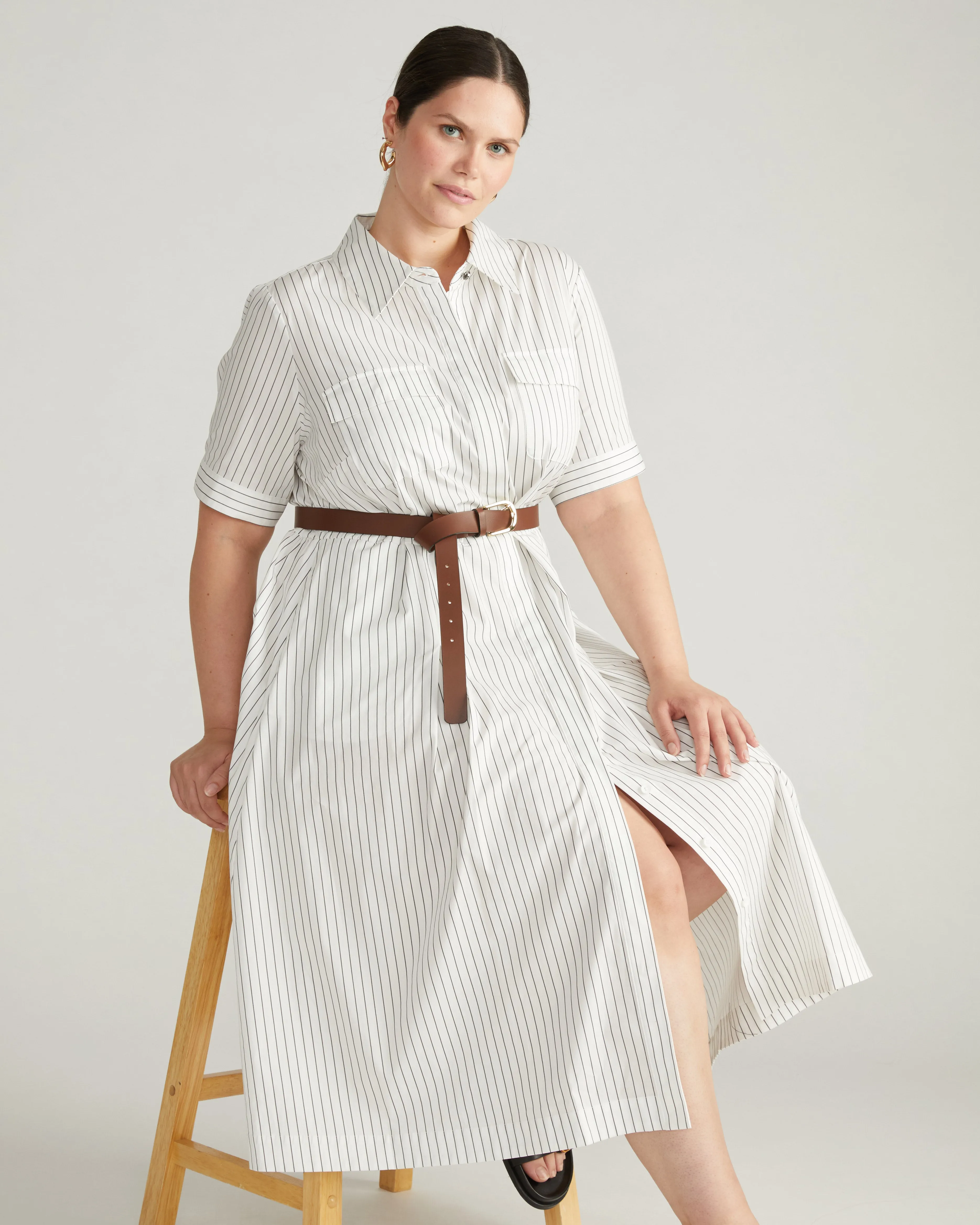 City Poplin Shirtdress - White/Grey Stripe sold by Universal Standard