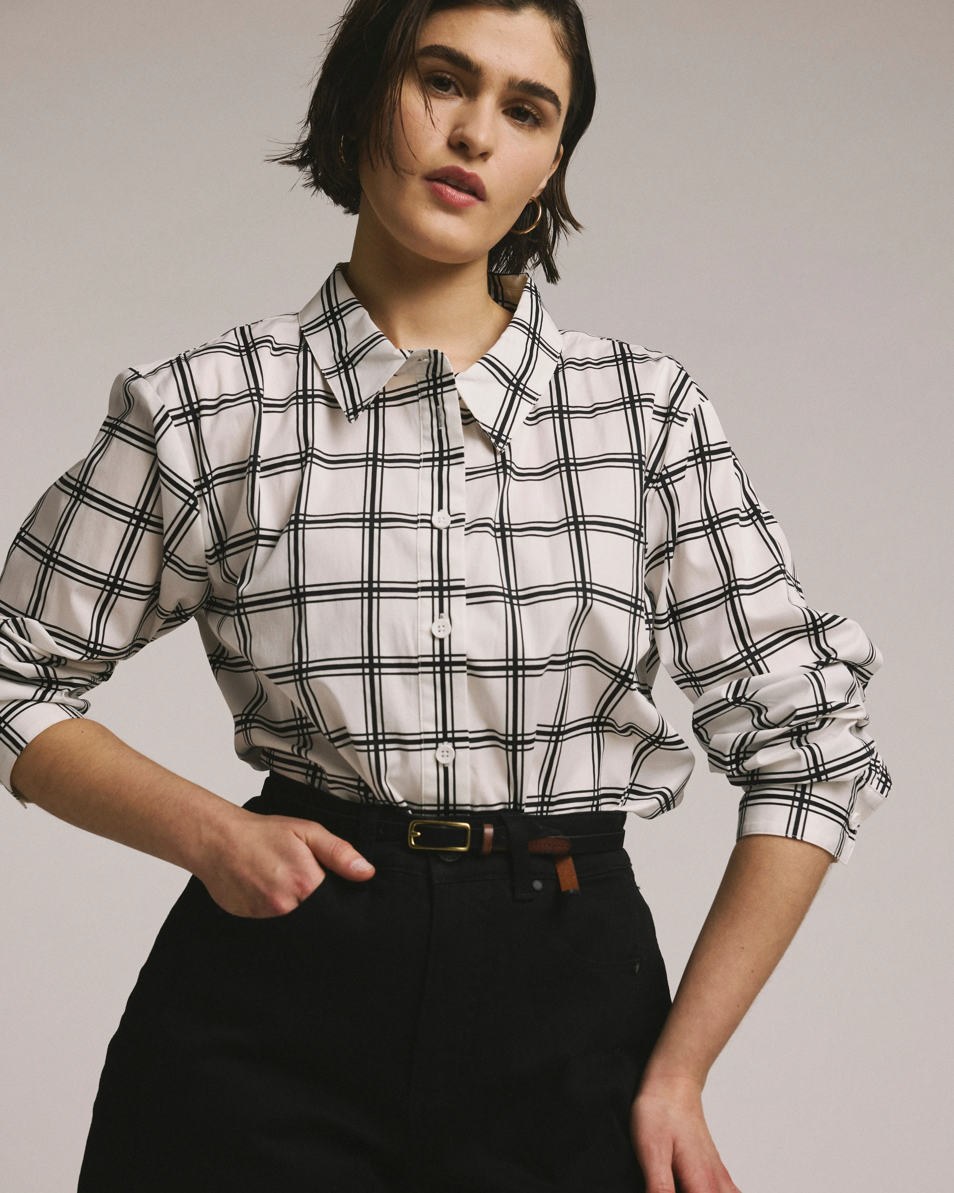 The Artist Poplin Shirt - White/Black Check sold by Universal Standard