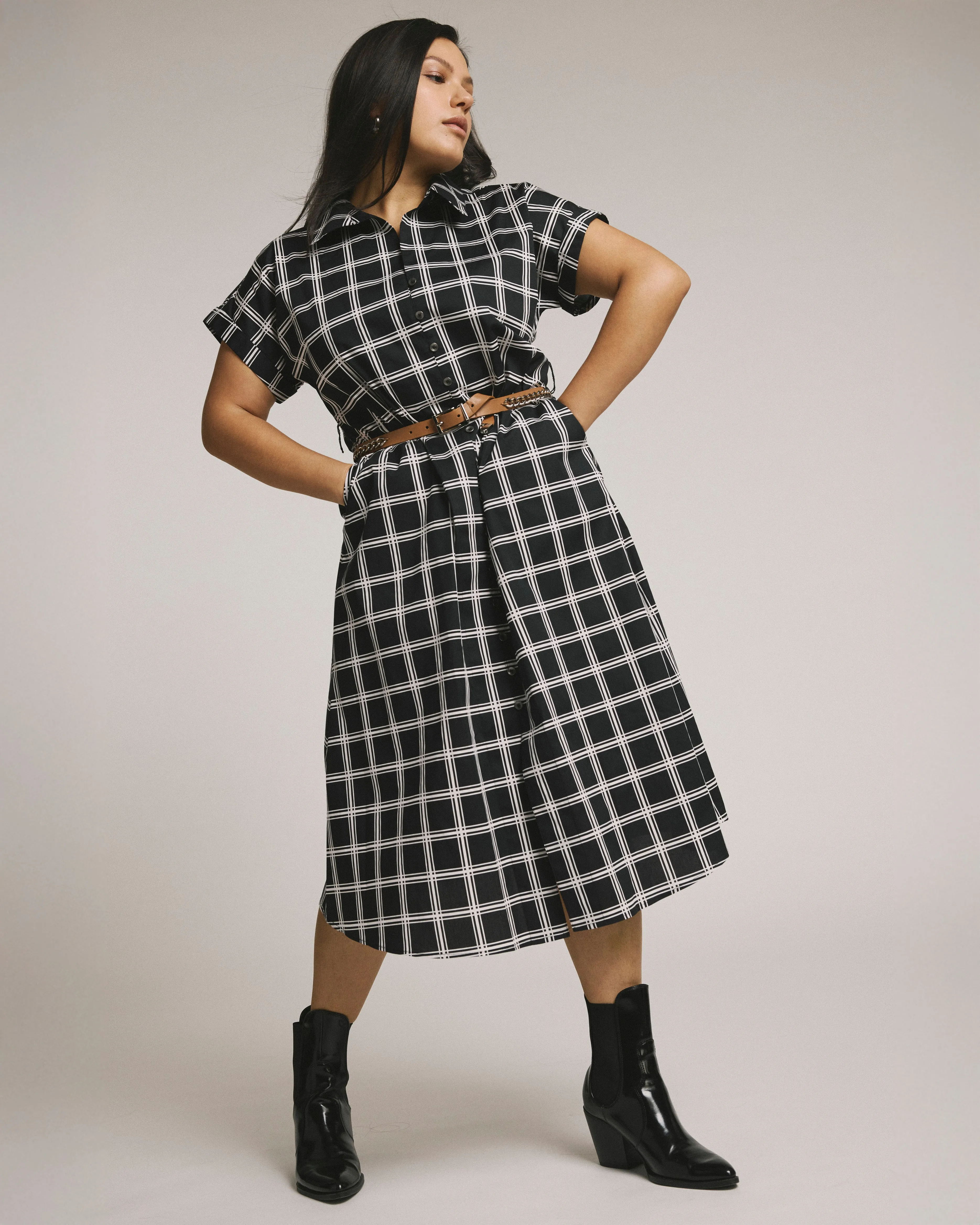 Sandy Stretch Poplin Shirtdress - Black/White Check sold by Universal Standard