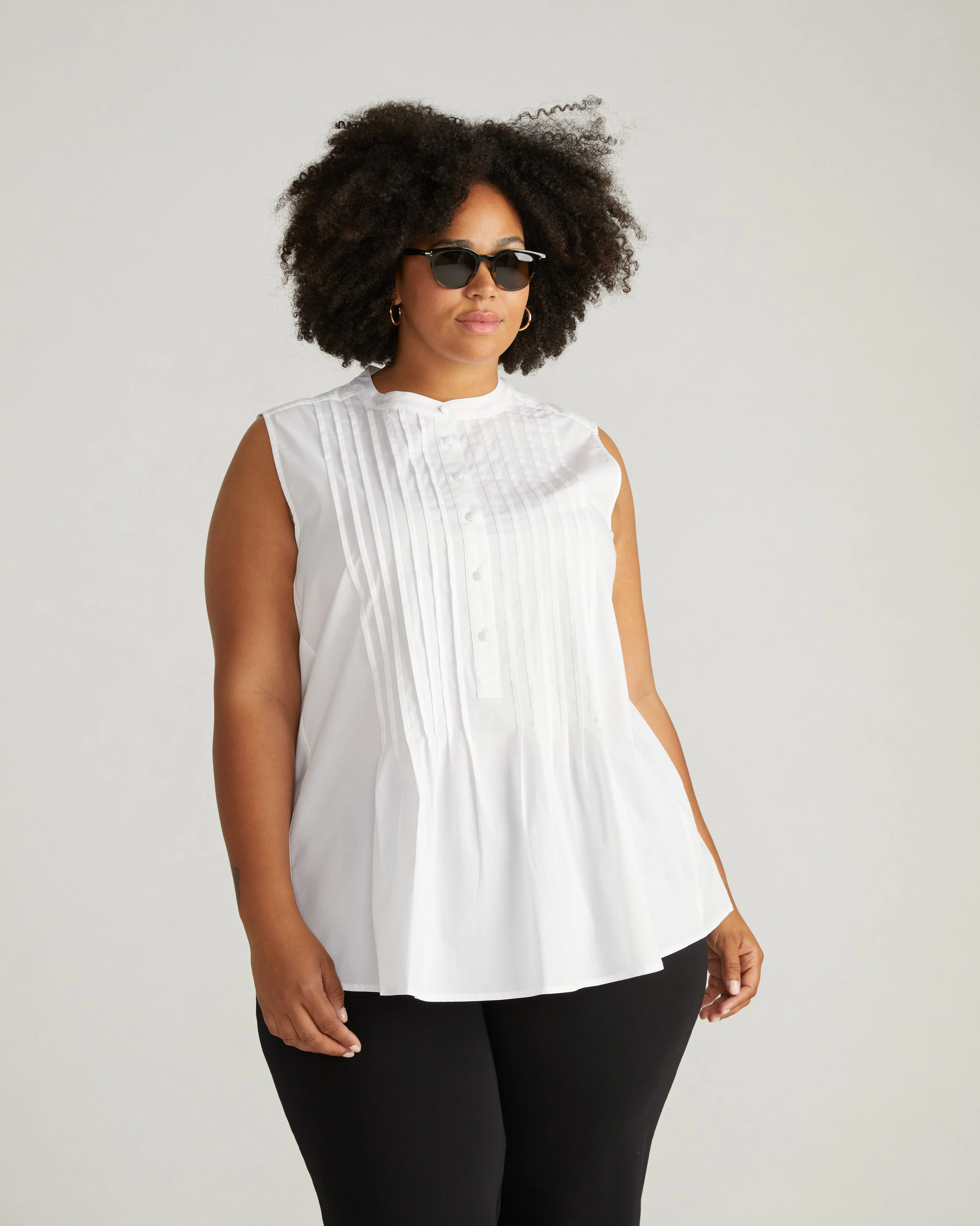 City Poplin Sleeveless Pintuck Shirt - White sold by Universal Standard