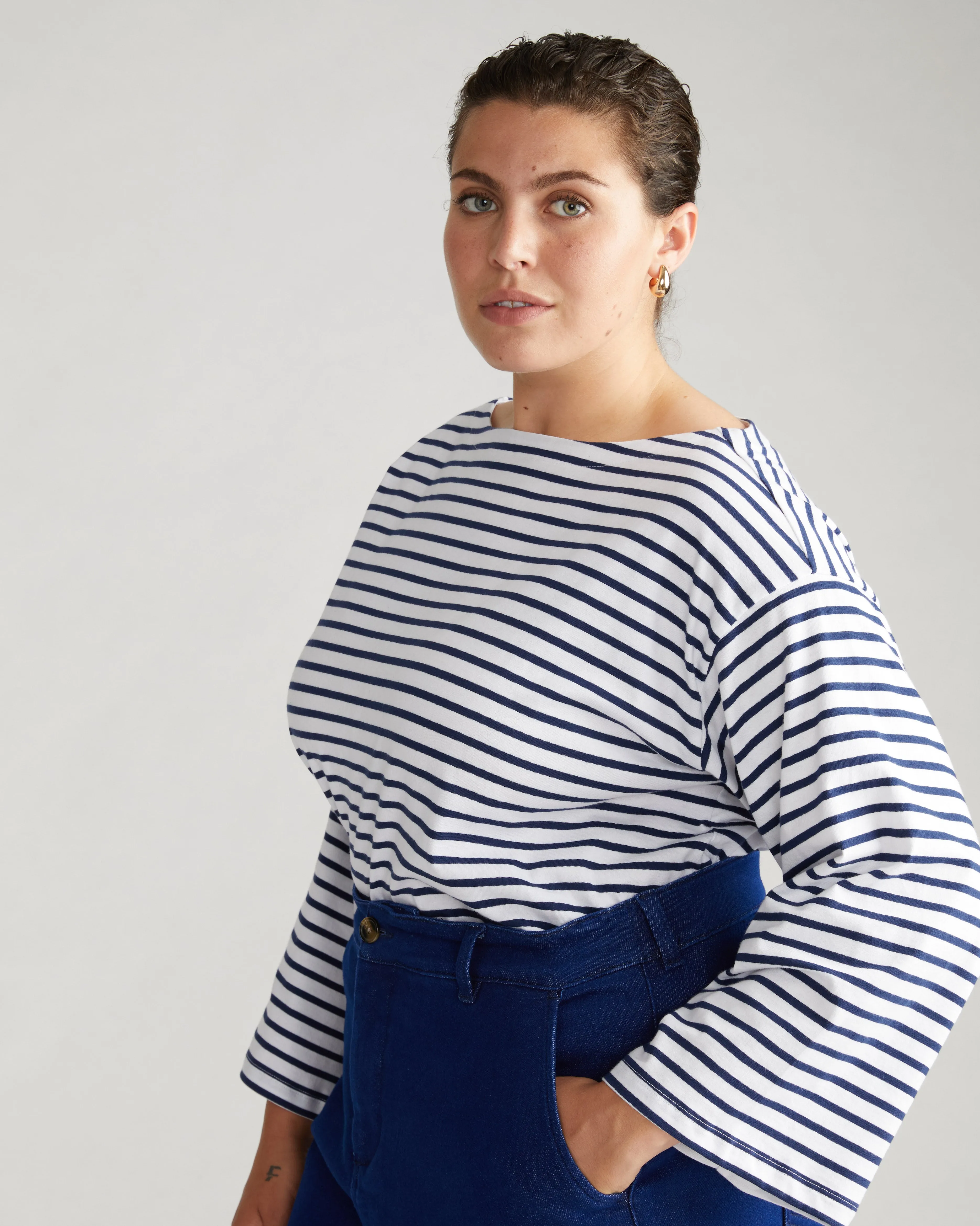 Montauk Breton Stripe Bell Sleeve Top - White/Cenote Stripe sold by Universal Standard product image thumbnail 4