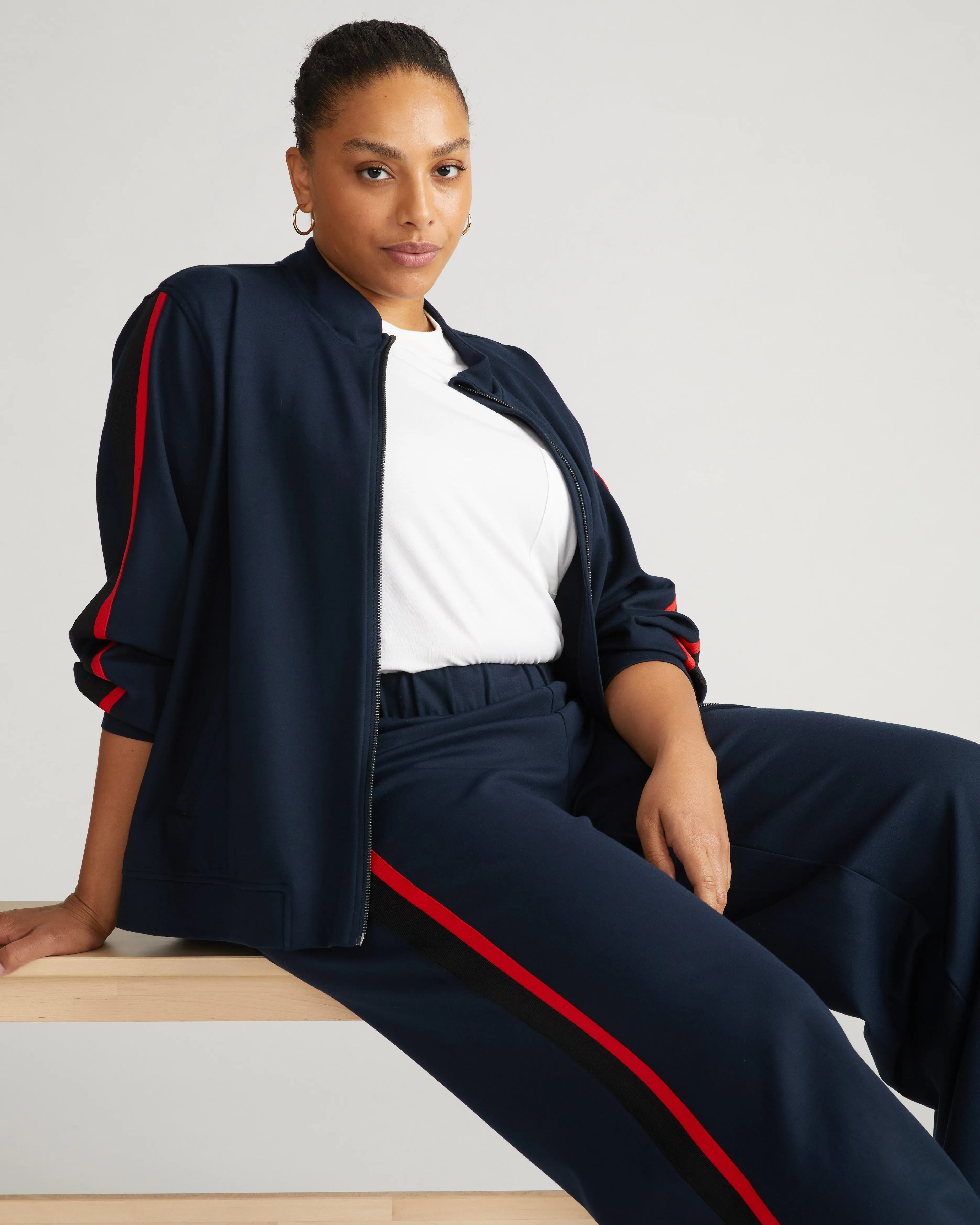 Stephanie Wide Leg Stripe Ponte Pants 30 Inch - Navy with Shoreline Sunset/Black Stripe sold by Universal Standard product image thumbnail 2