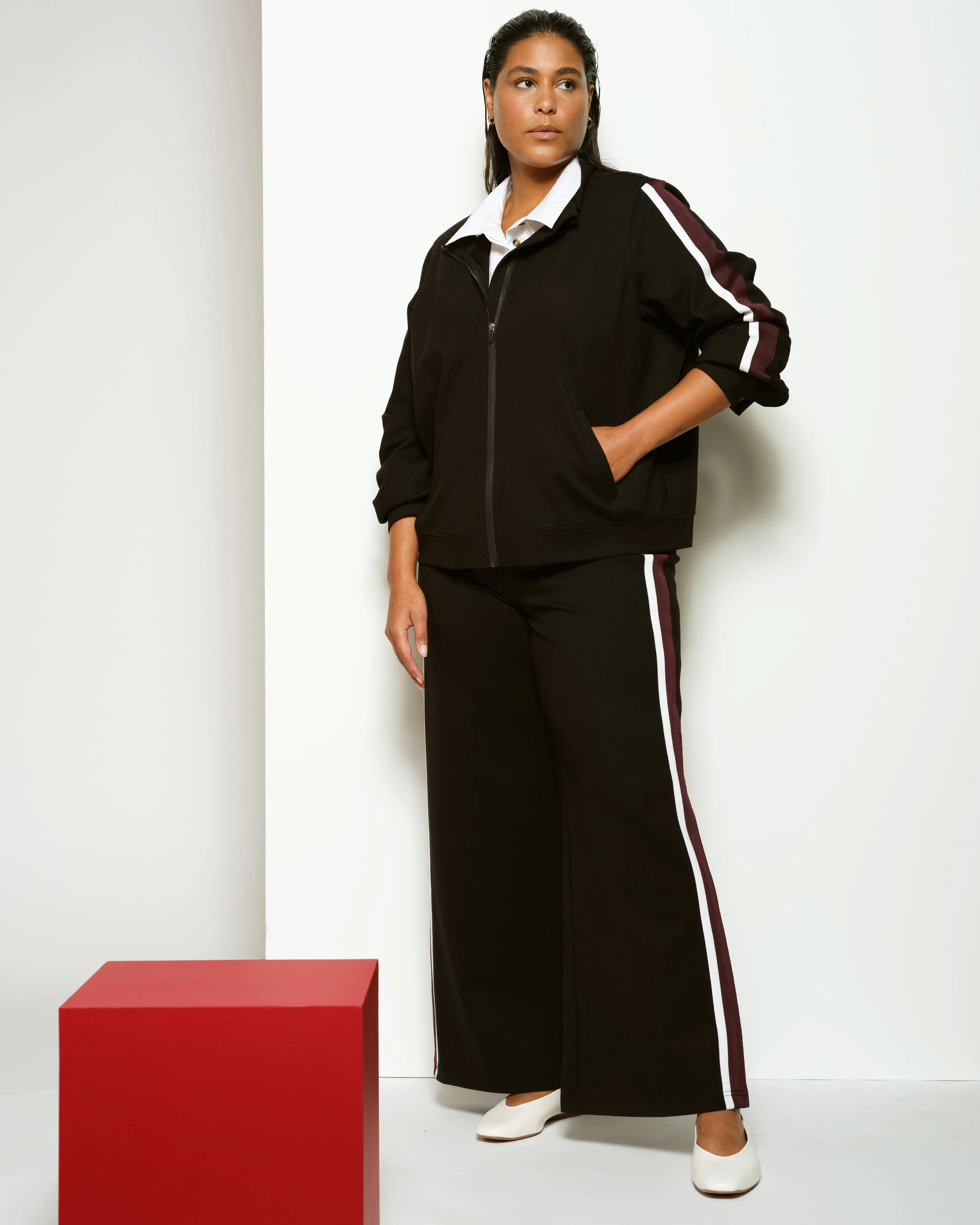 Stephanie Wide Leg Stripe Ponte Pants 30 Inch - Black with White/Acai Stripe sold by Universal Standard