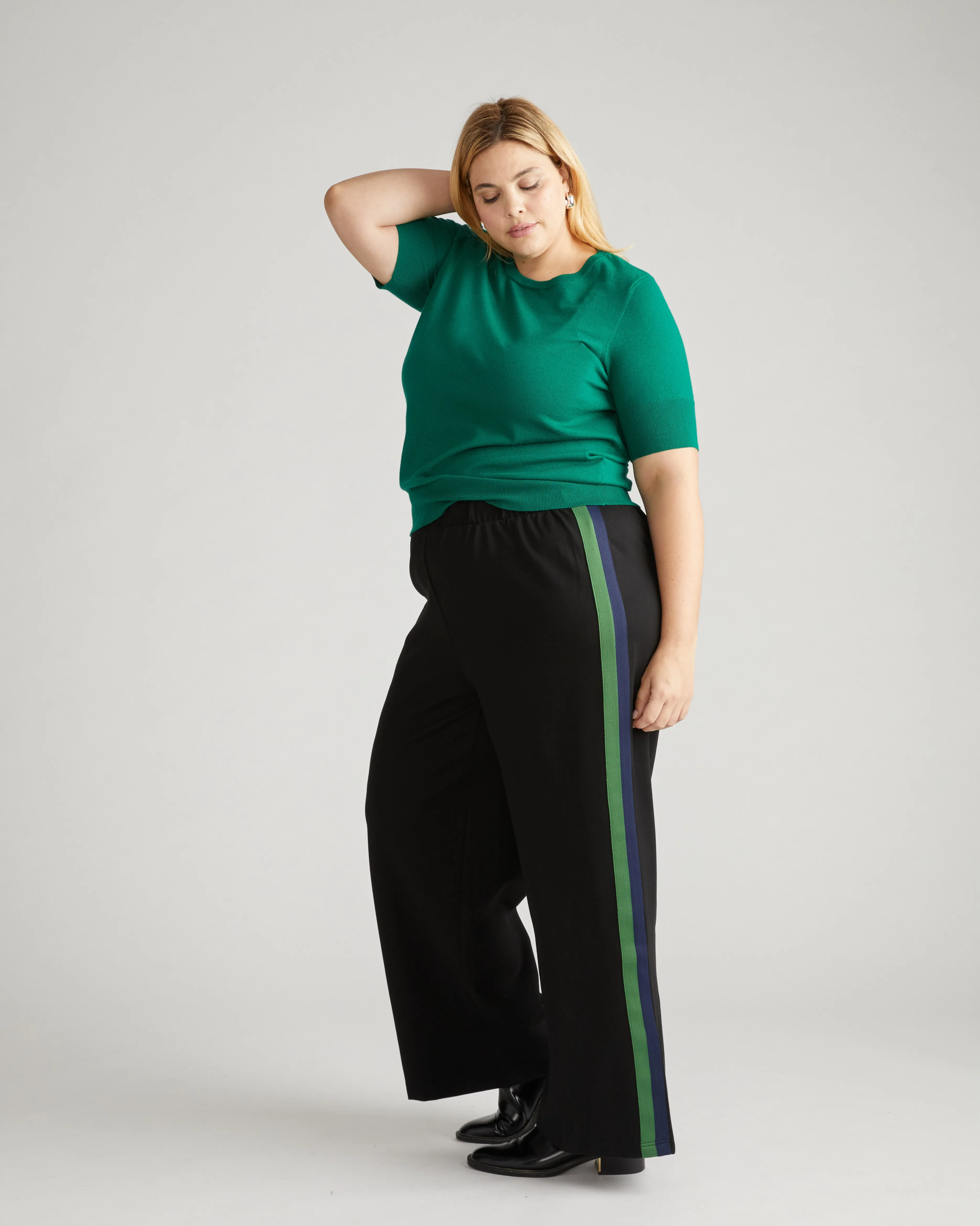 Stephanie Wide Leg Stripe Ponte Pants 30 Inch - Black with Jardin/Navy Stripe sold by Universal Standard product image thumbnail 2