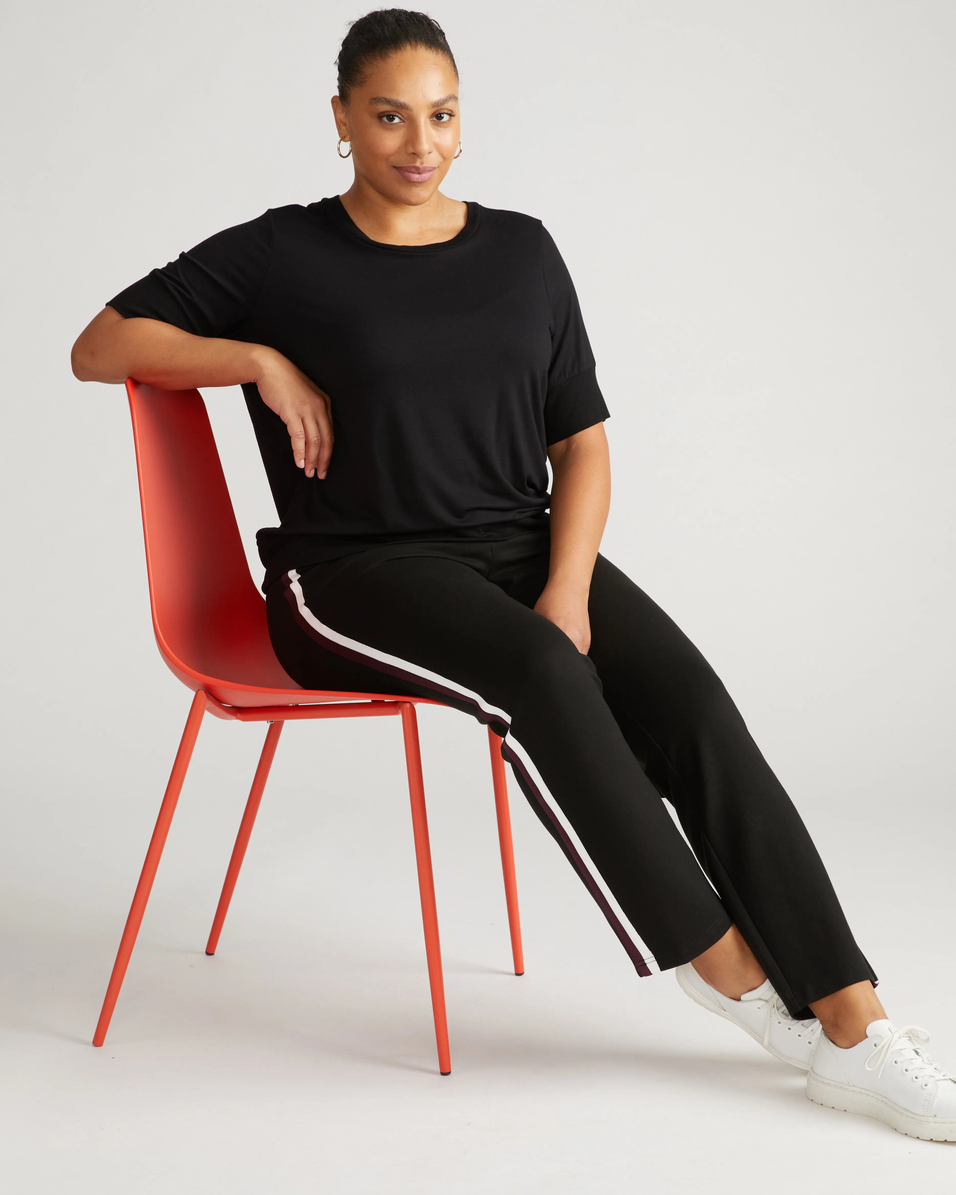 Long Cigarette Ponte Pants - Black with White/Acai Stripe sold by Universal Standard