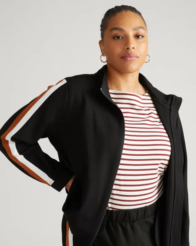 Camden Ponte Bomber Jacket - Black with Ochre/White Stripe sold by Universal Standard