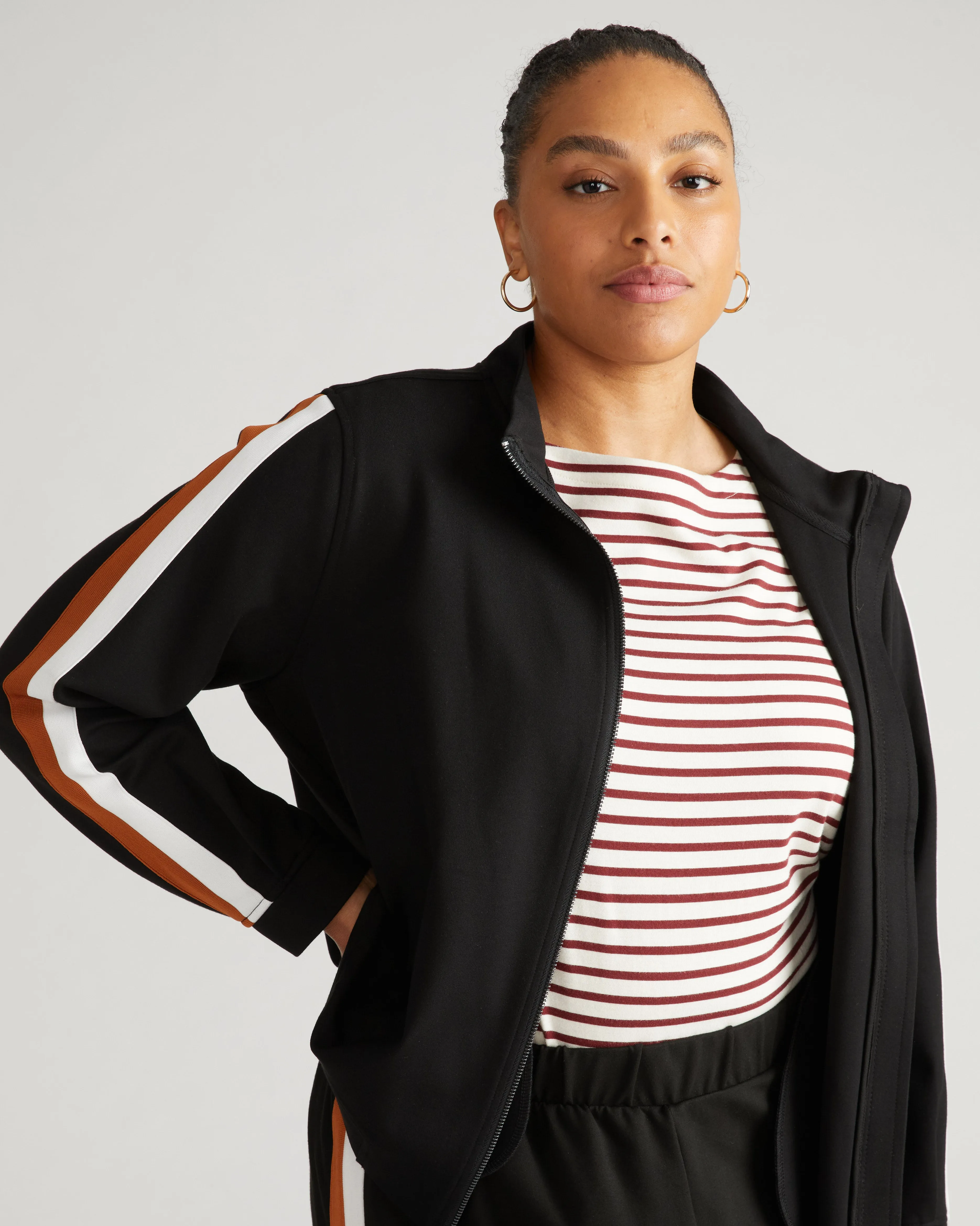 Camden Ponte Bomber Jacket - Black with Ochre/White Stripe sold by Universal Standard