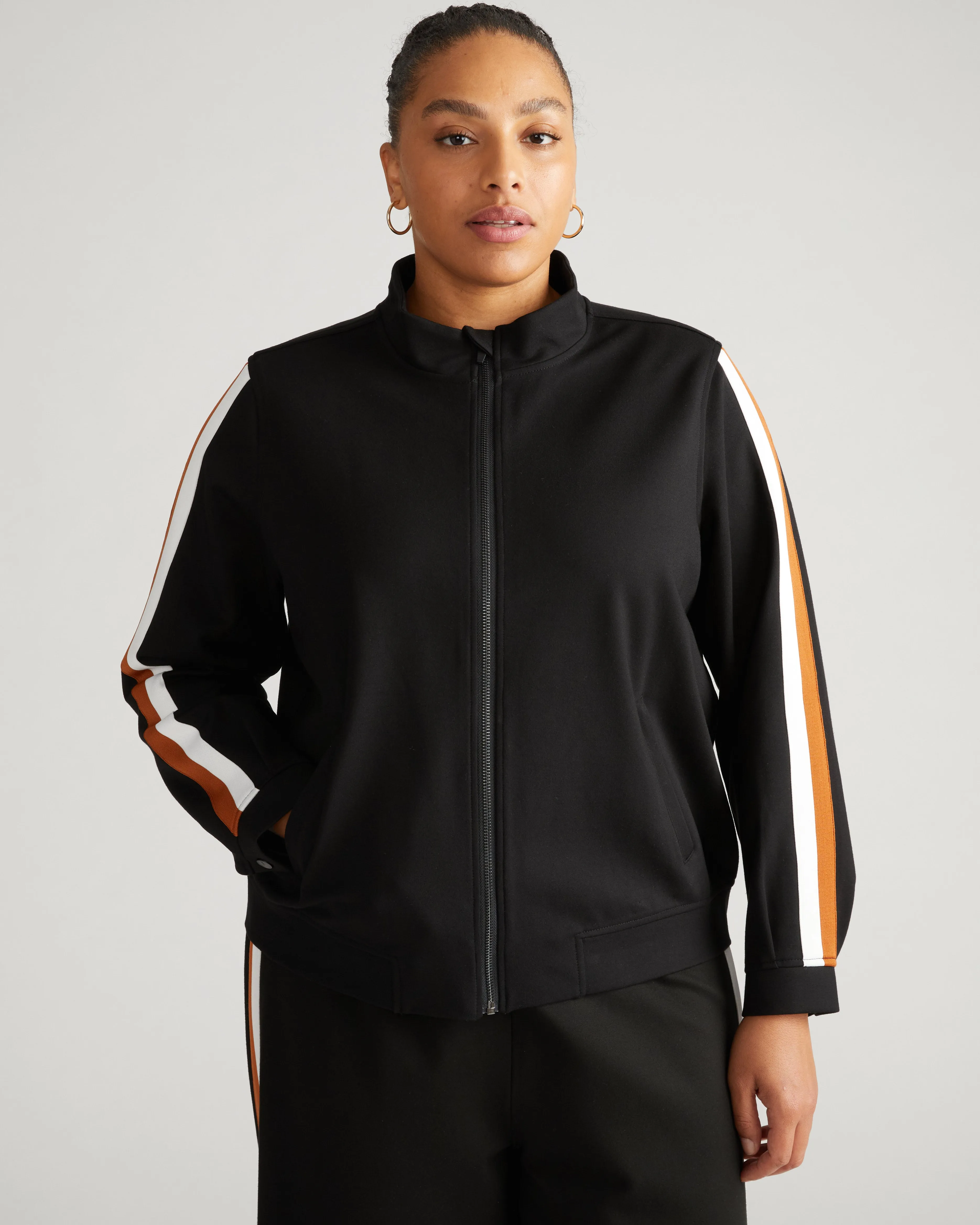 Camden Ponte Bomber Jacket - Black with Ochre/White Stripe sold by Universal Standard product image thumbnail 3