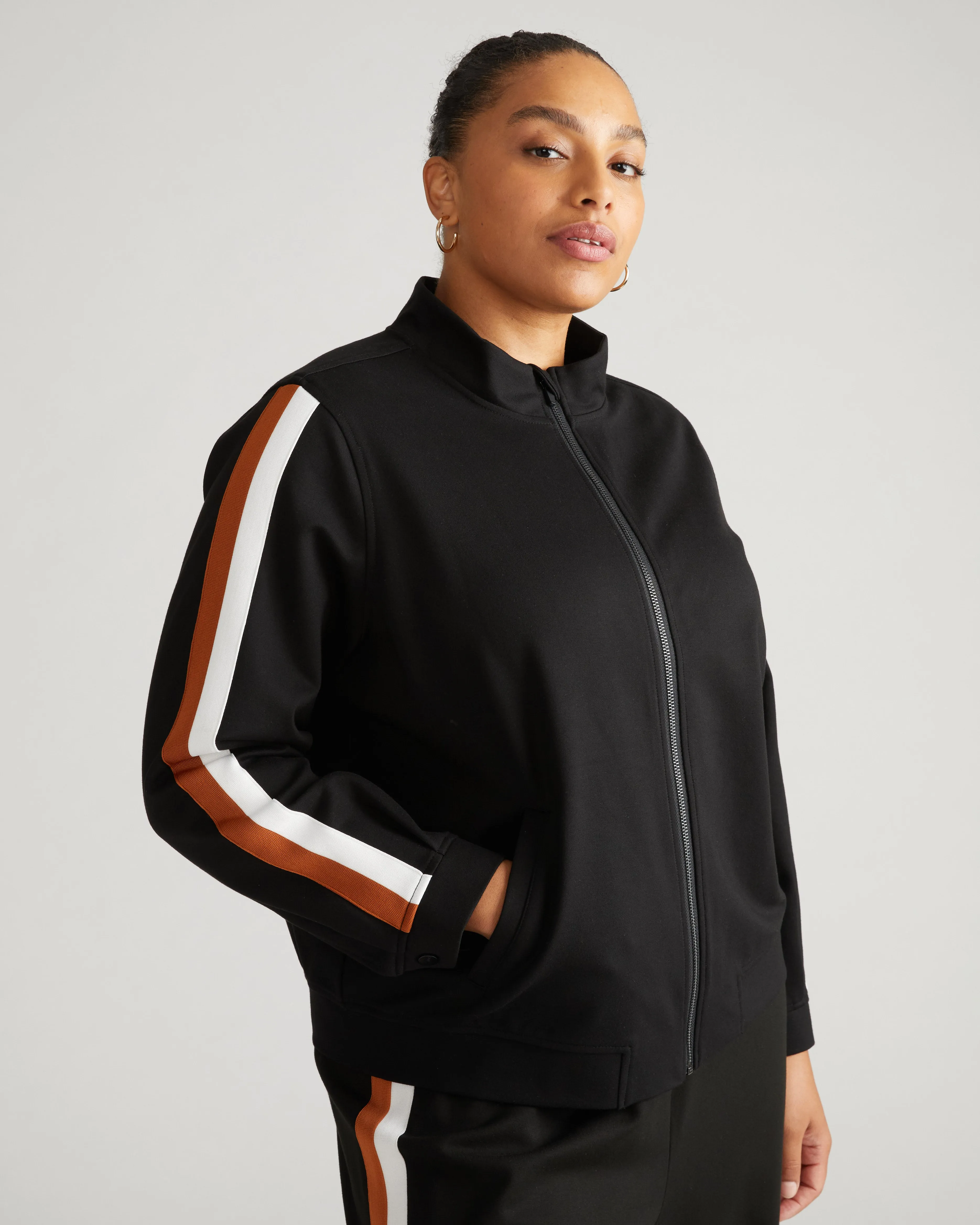 Camden Ponte Bomber Jacket - Black with Ochre/White Stripe sold by Universal Standard product image thumbnail 2