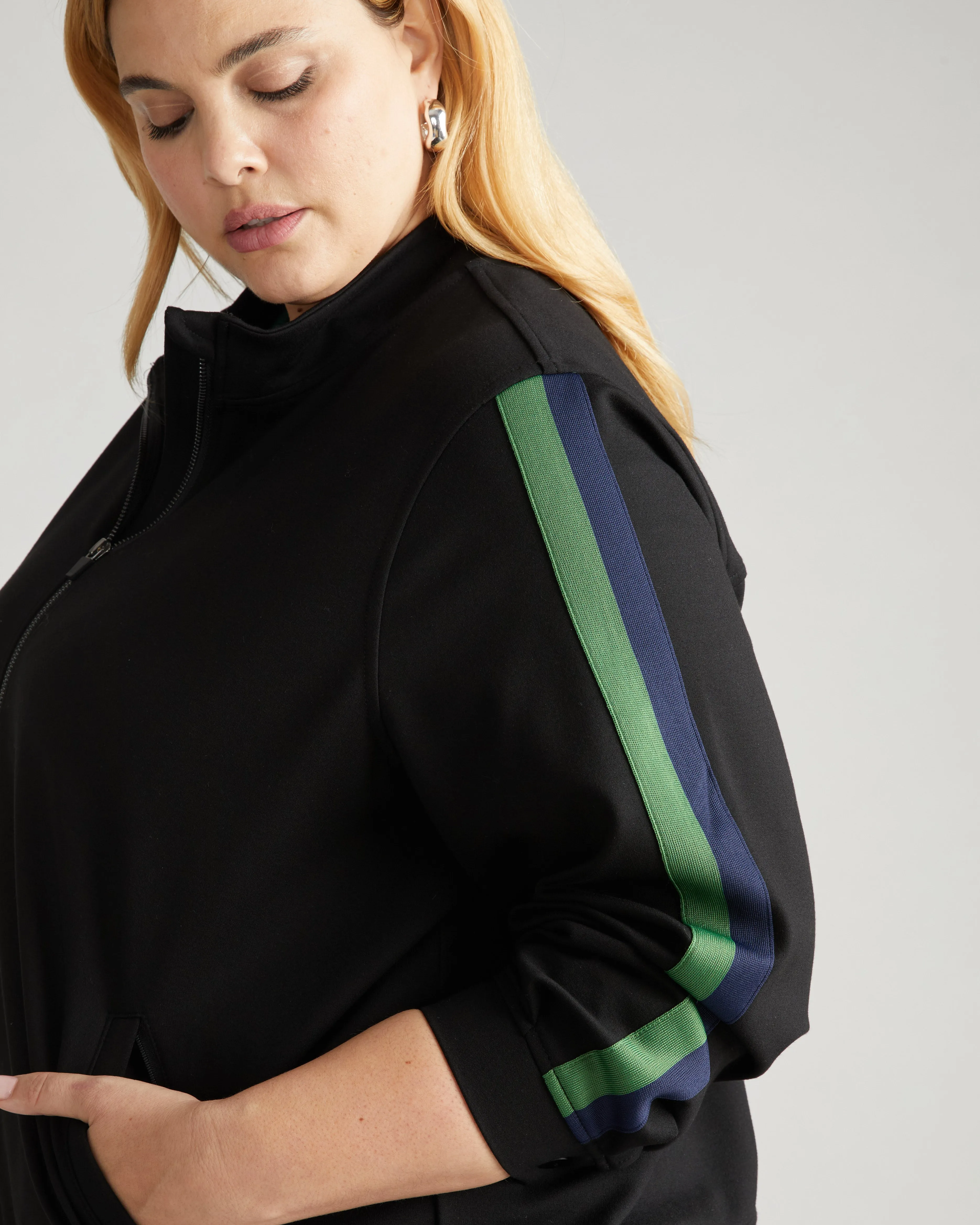 Camden Ponte Bomber Jacket - Black with Jardin/Navy Stripe sold by Universal Standard