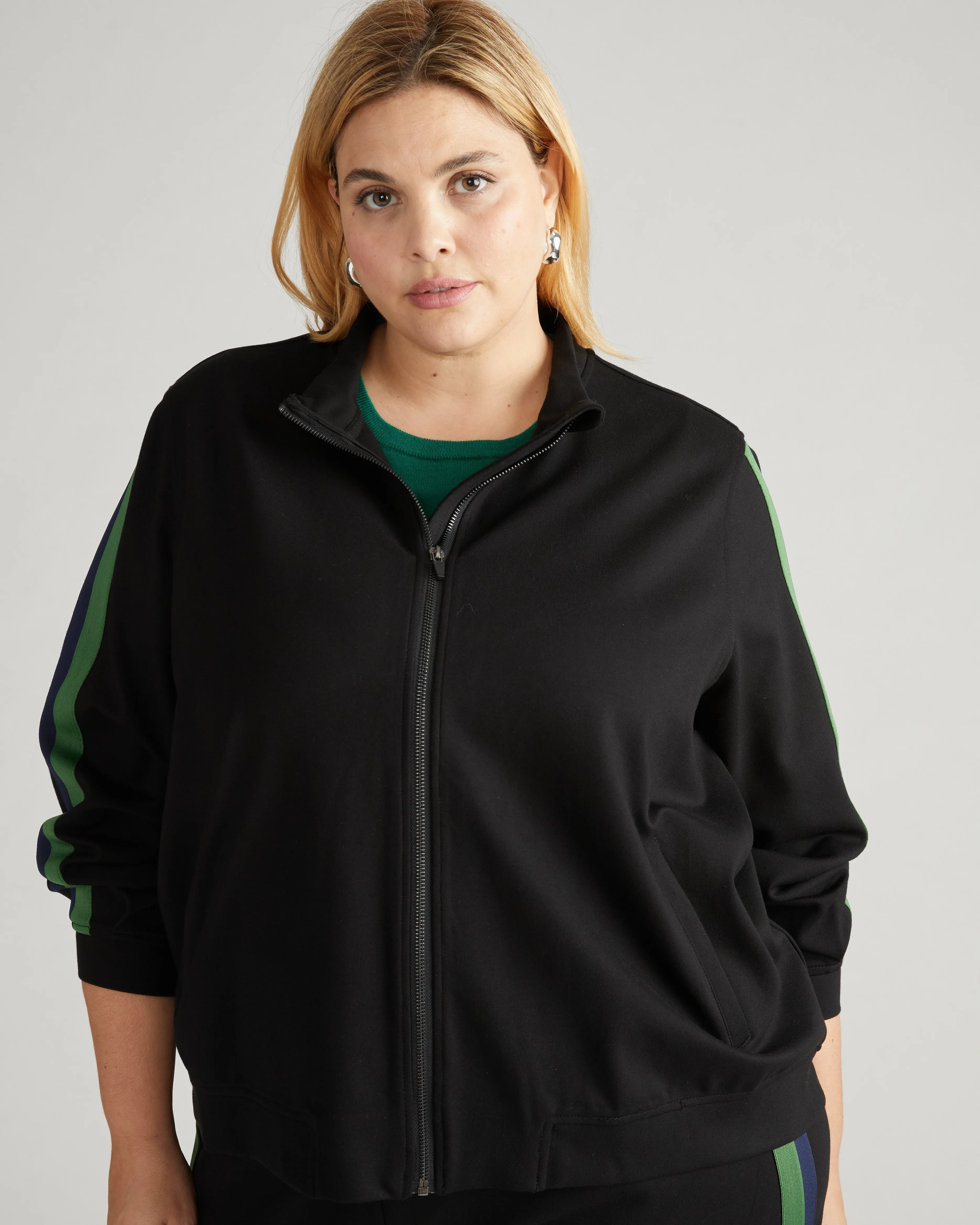 Camden Ponte Bomber Jacket - Black with Jardin/Navy Stripe sold by Universal Standard product image thumbnail 3