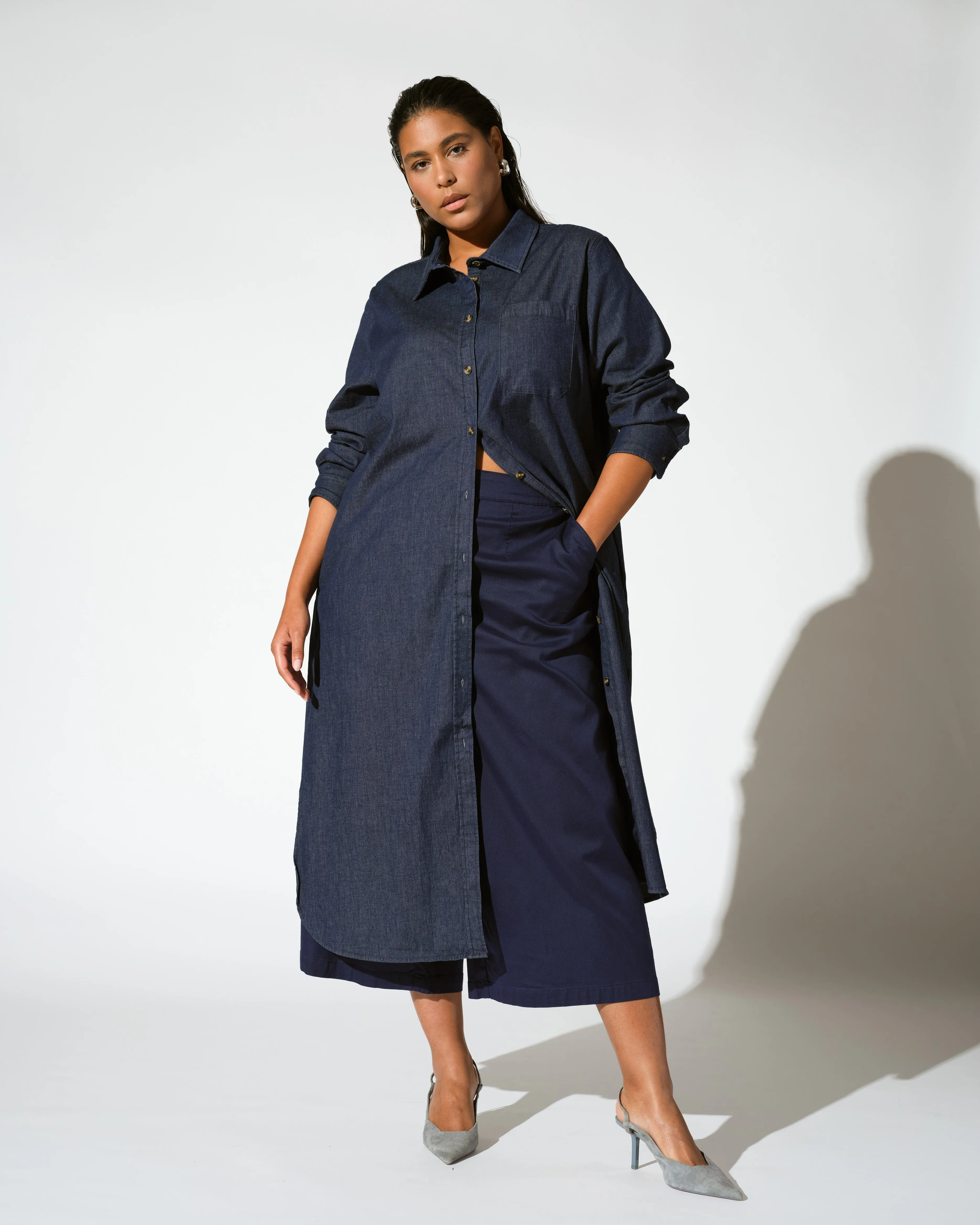 Odeon Stretch Cotton Chambray Shirtdress - Dark Indigo sold by Universal Standard