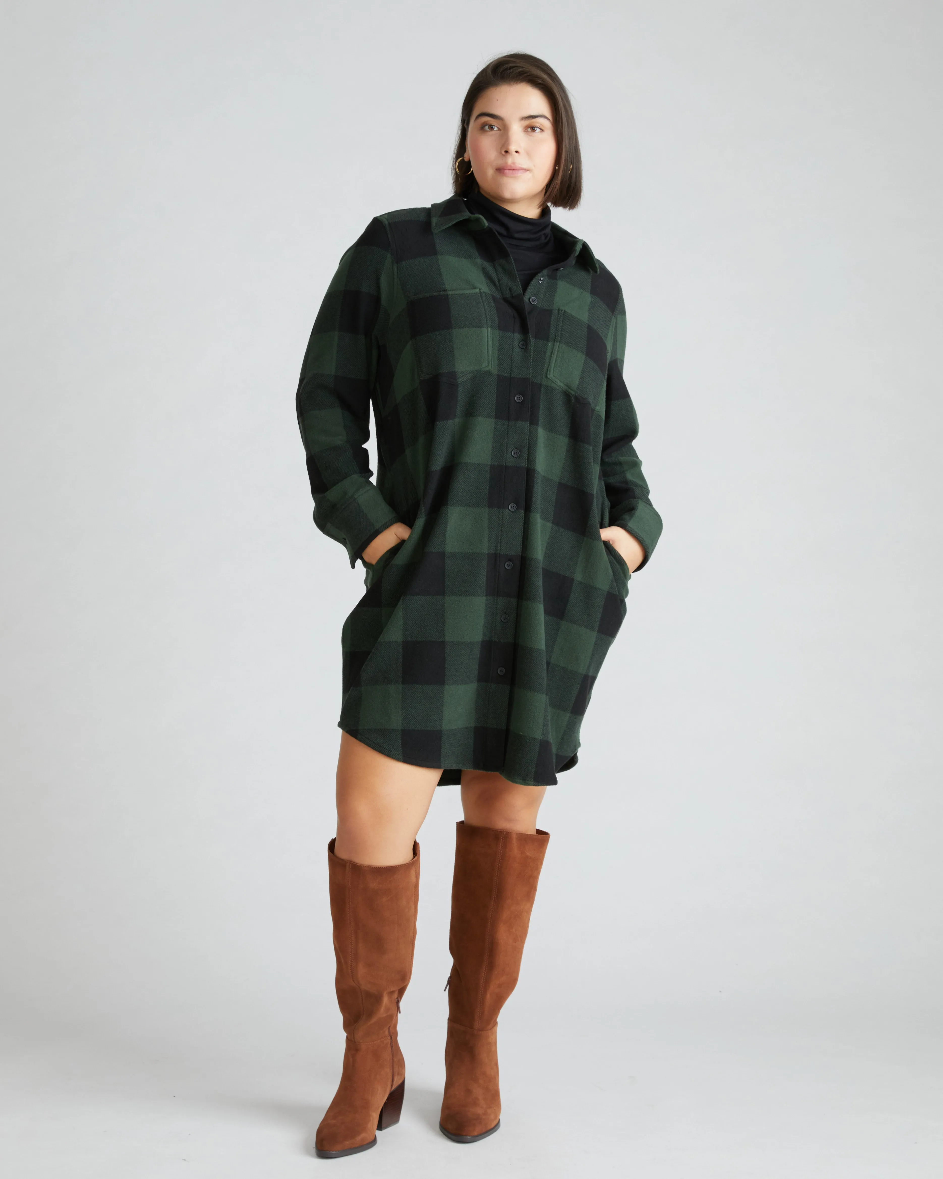 Maine Stretch Flannel Shirtdress - Dark Forest Plaid sold by Universal Standard
