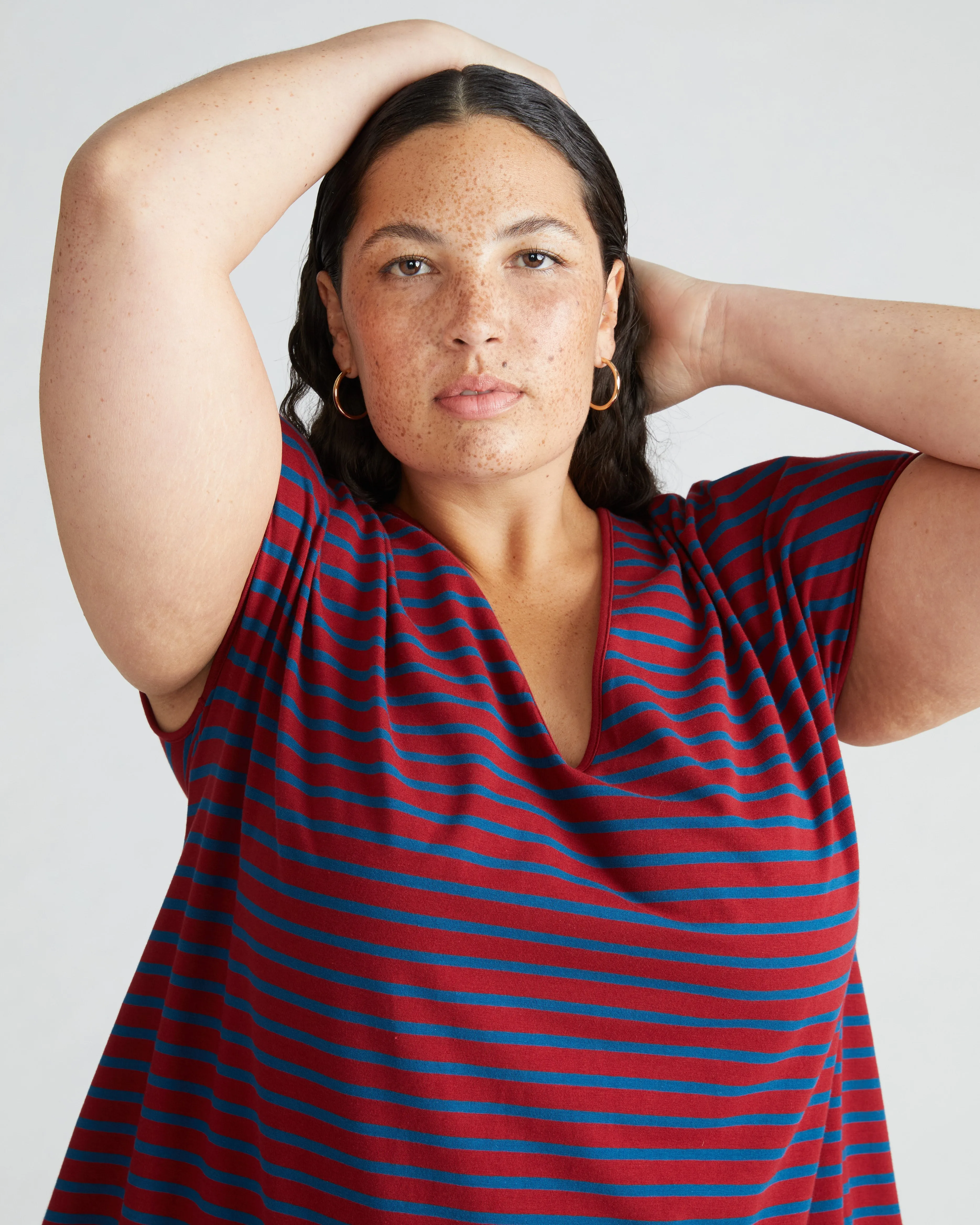 Iconic Geneva V-Neck Dress - Rhubarb/Glassy Blue Stripe sold by Universal Standard product image thumbnail 2