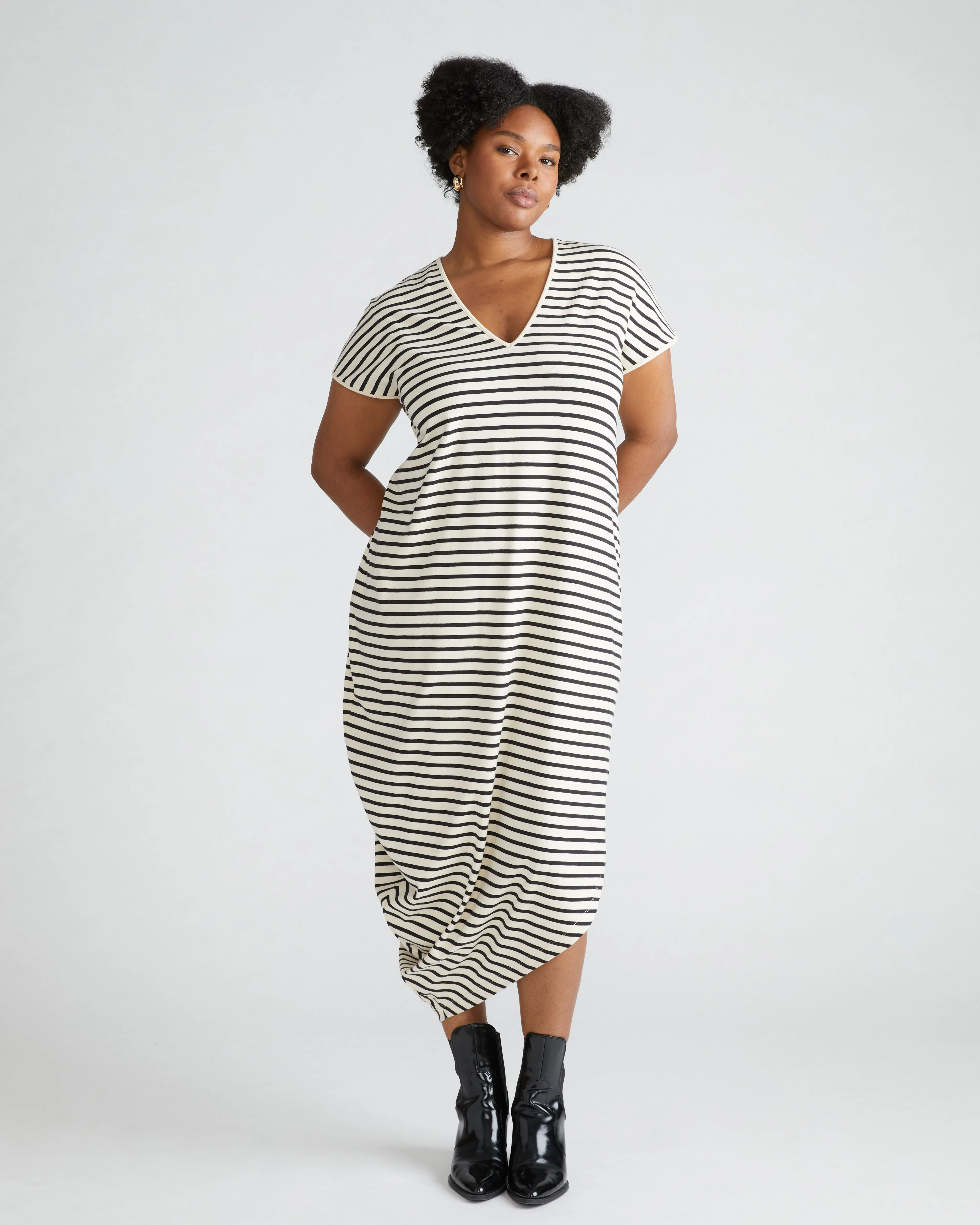 Iconic Geneva V-Neck Dress - Copacabana/Black Stripe sold by Universal Standard