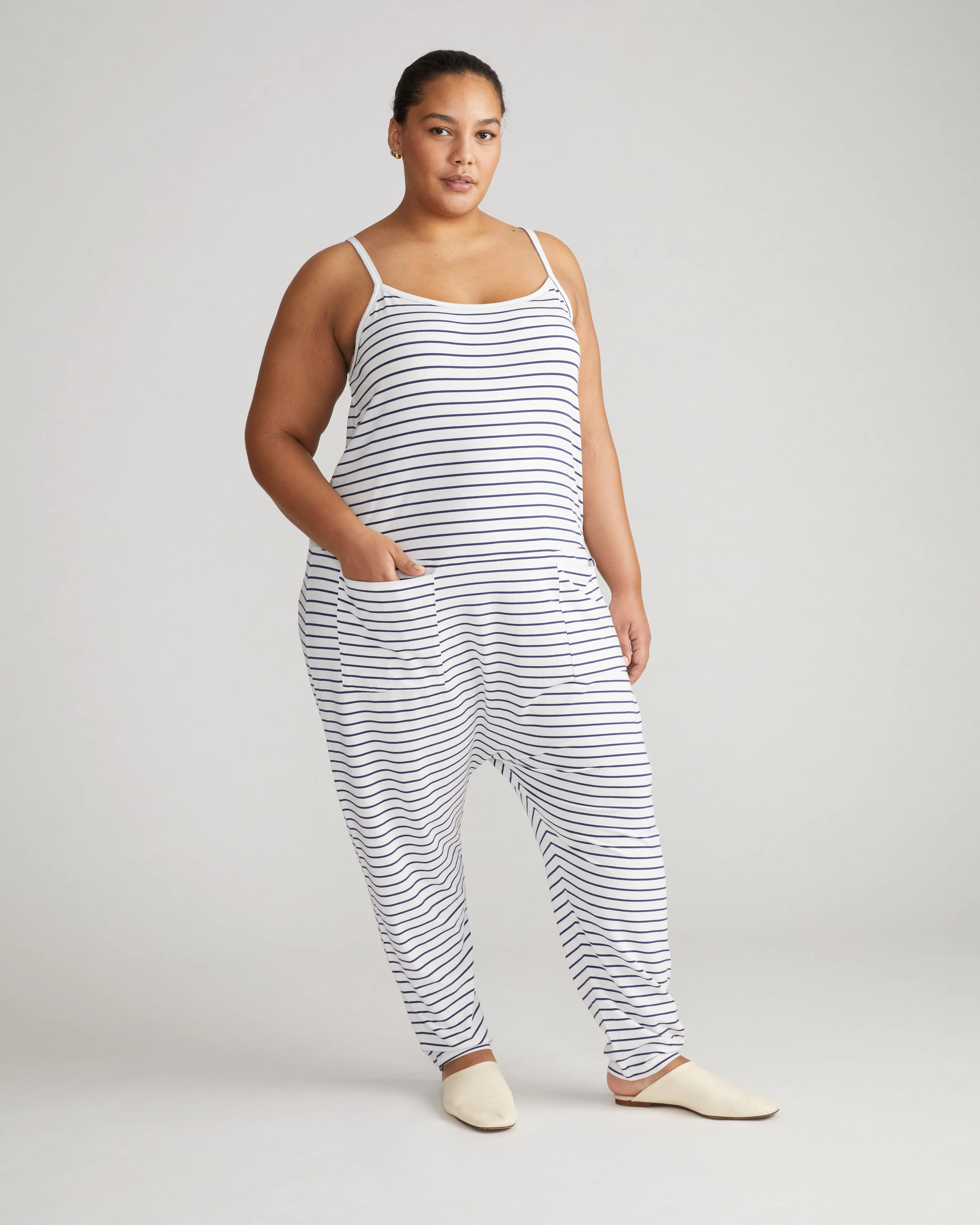UltimateS Jackson Sleeveless Jumpsuit - White/Cenote Stripe sold by Universal Standard