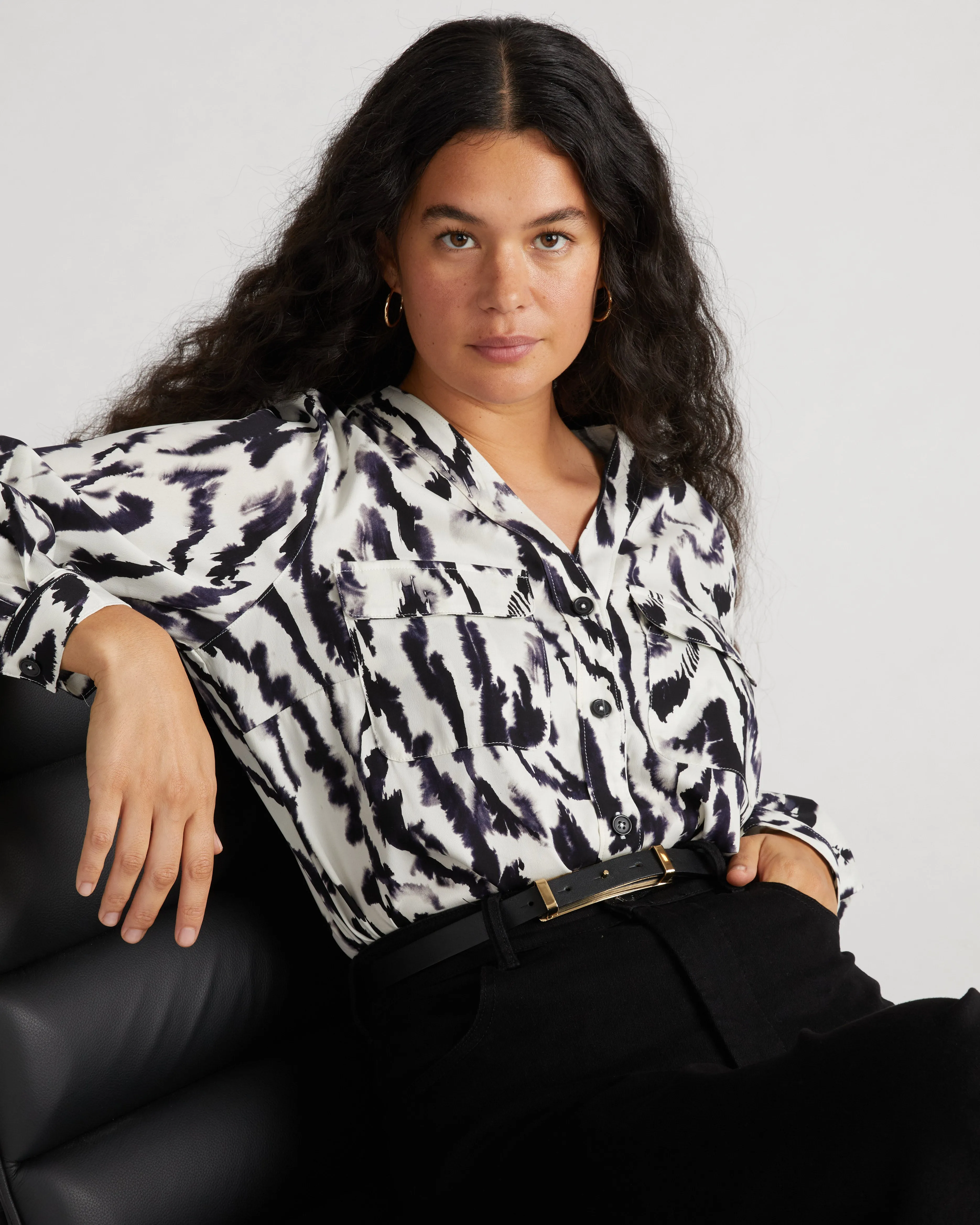 Cooling Stretch Cupro Button-Down Blouse - Modern Zebra sold by Universal Standard
