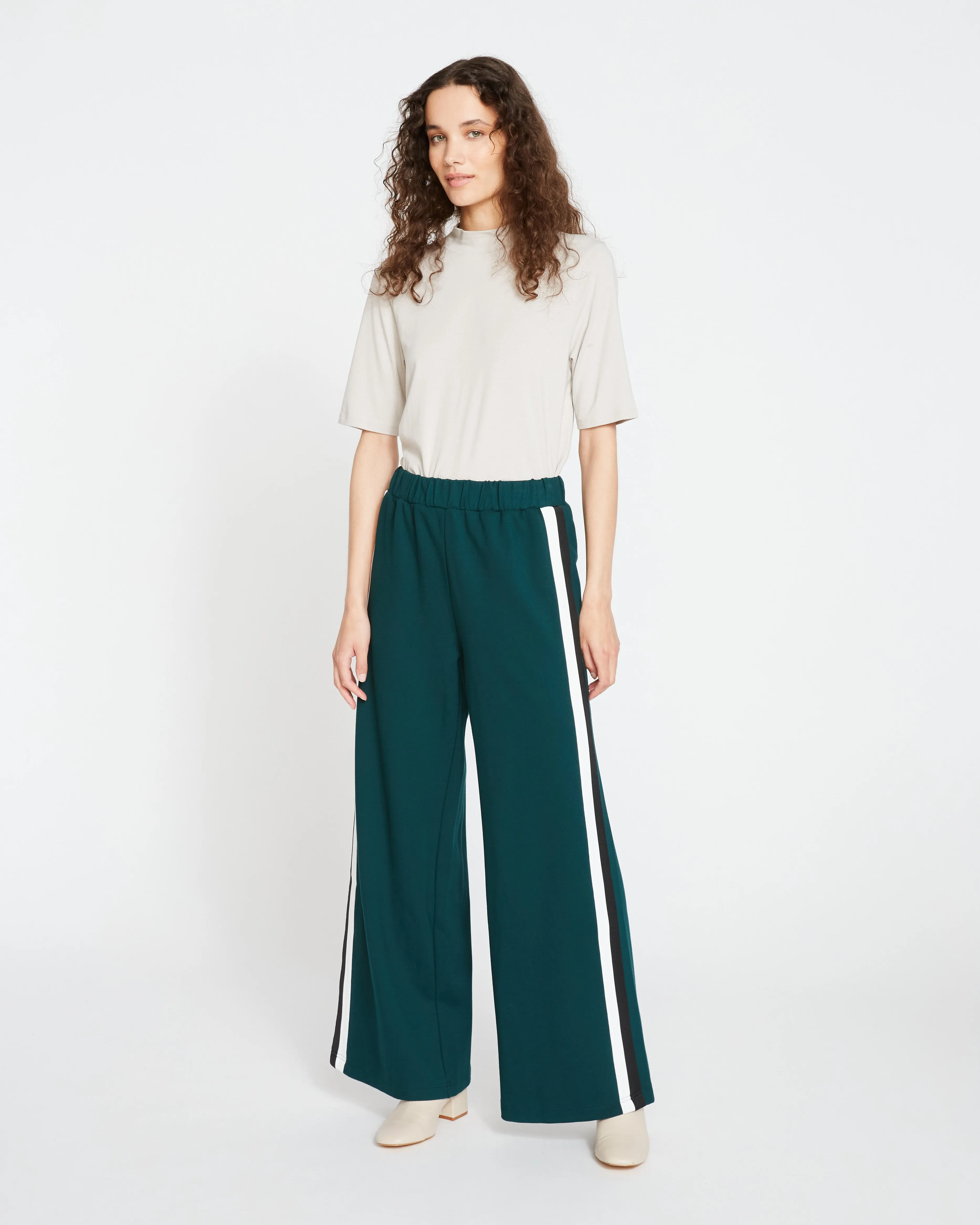 Stephanie Wide Leg Stripe Ponte Pants 30 Inch - Forest Green with Black/White Stripe sold by Universal Standard
