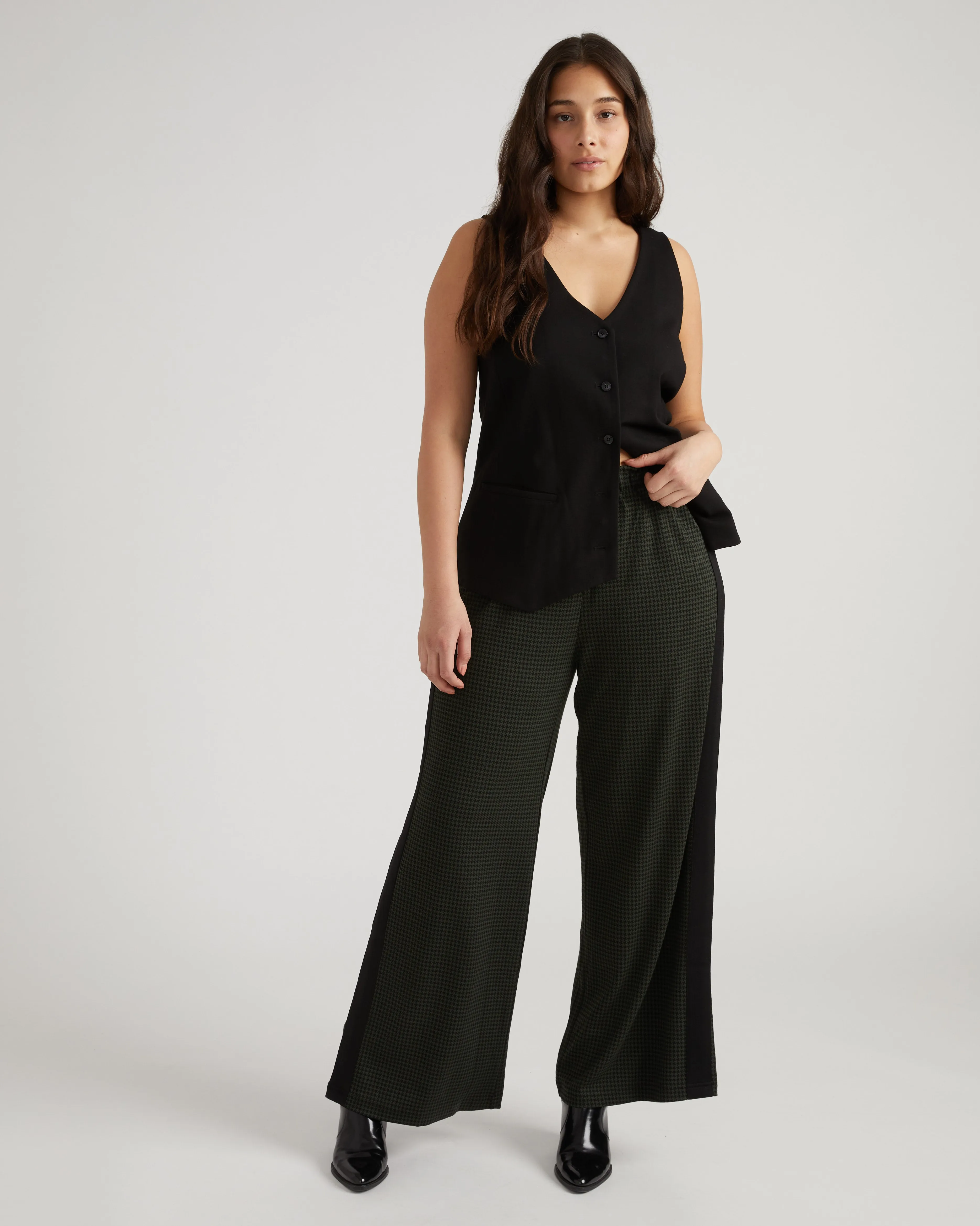 Stephanie Wide Leg Stripe Ponte Pants 30 Inch - Forest Houndstooth with Black Stripe sold by Universal Standard