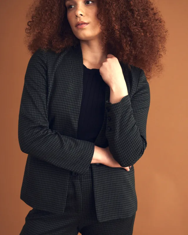 Lennox Collarless Ponte Blazer - Forest Houndstooth sold by Universal Standard