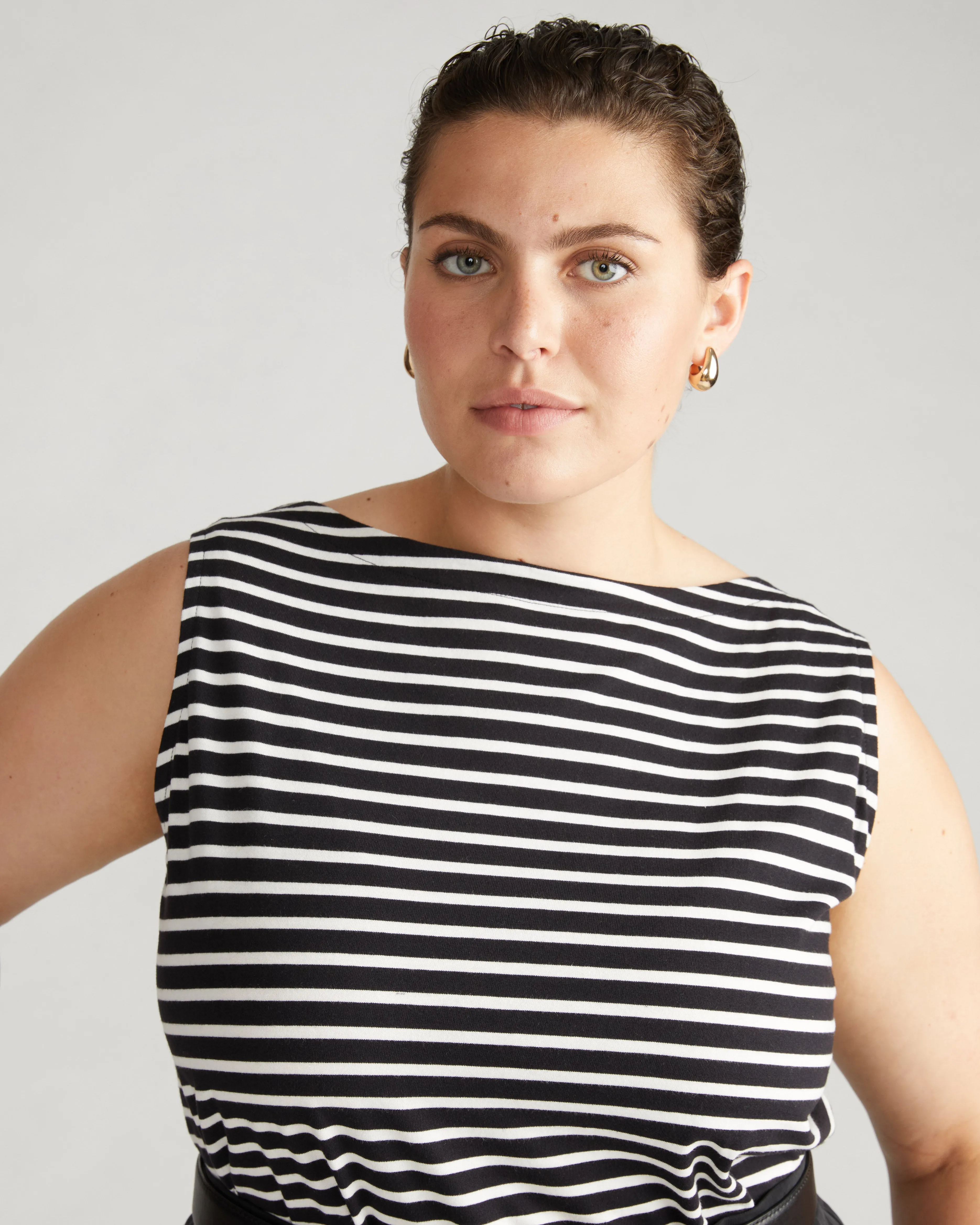 Noyack Breton Stripe Boatneck Tank - Black/White Stripe sold by Universal Standard