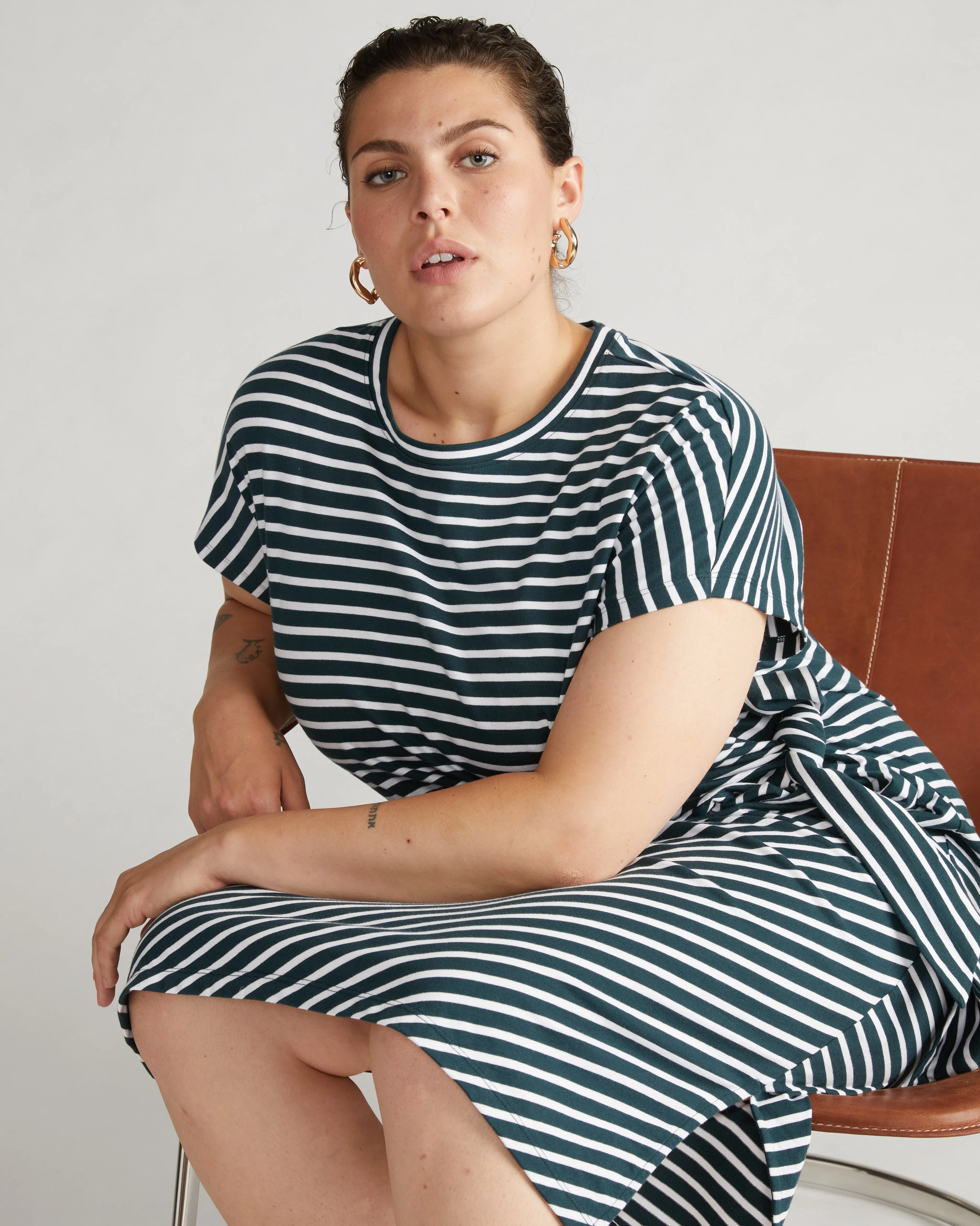 Crescent Breton Stripe Knot Dress - Deep Sea/White Stripe sold by Universal Standard