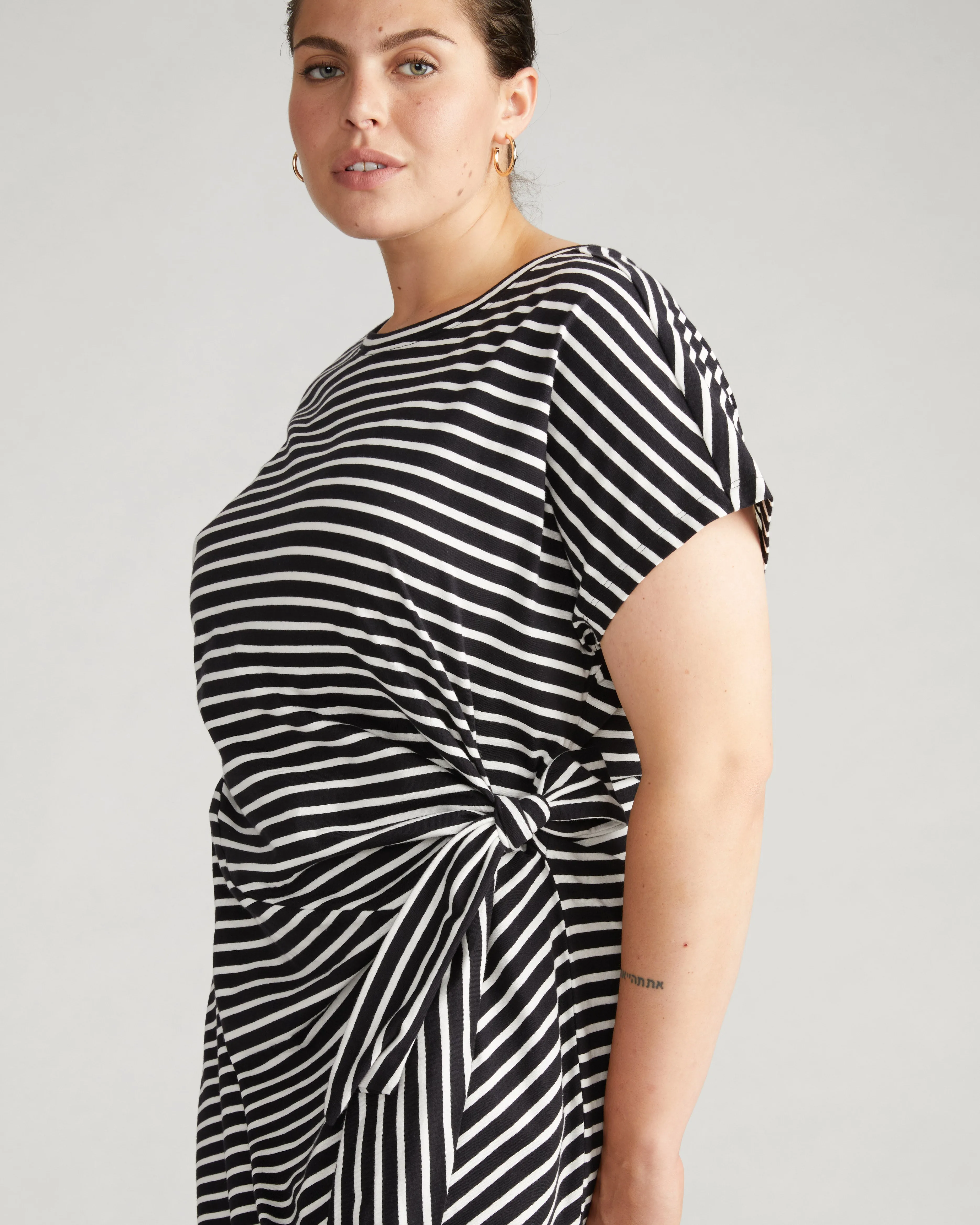 Crescent Breton Stripe Knot Dress - Black/White Stripe sold by Universal Standard