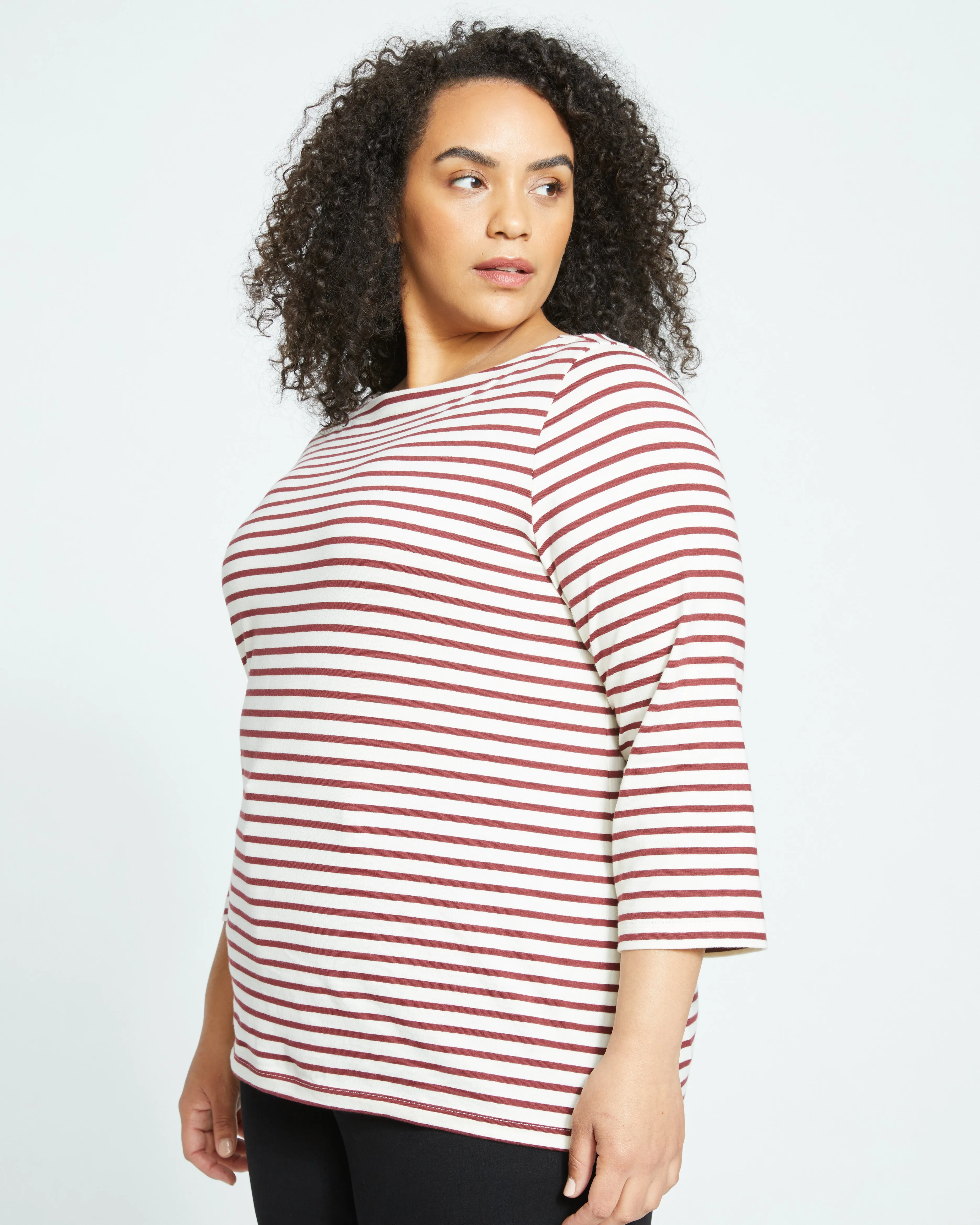 Belle Breton Stripe Jersey Tee - Ecru/Burgundy Stripe sold by Universal Standard product image thumbnail 3