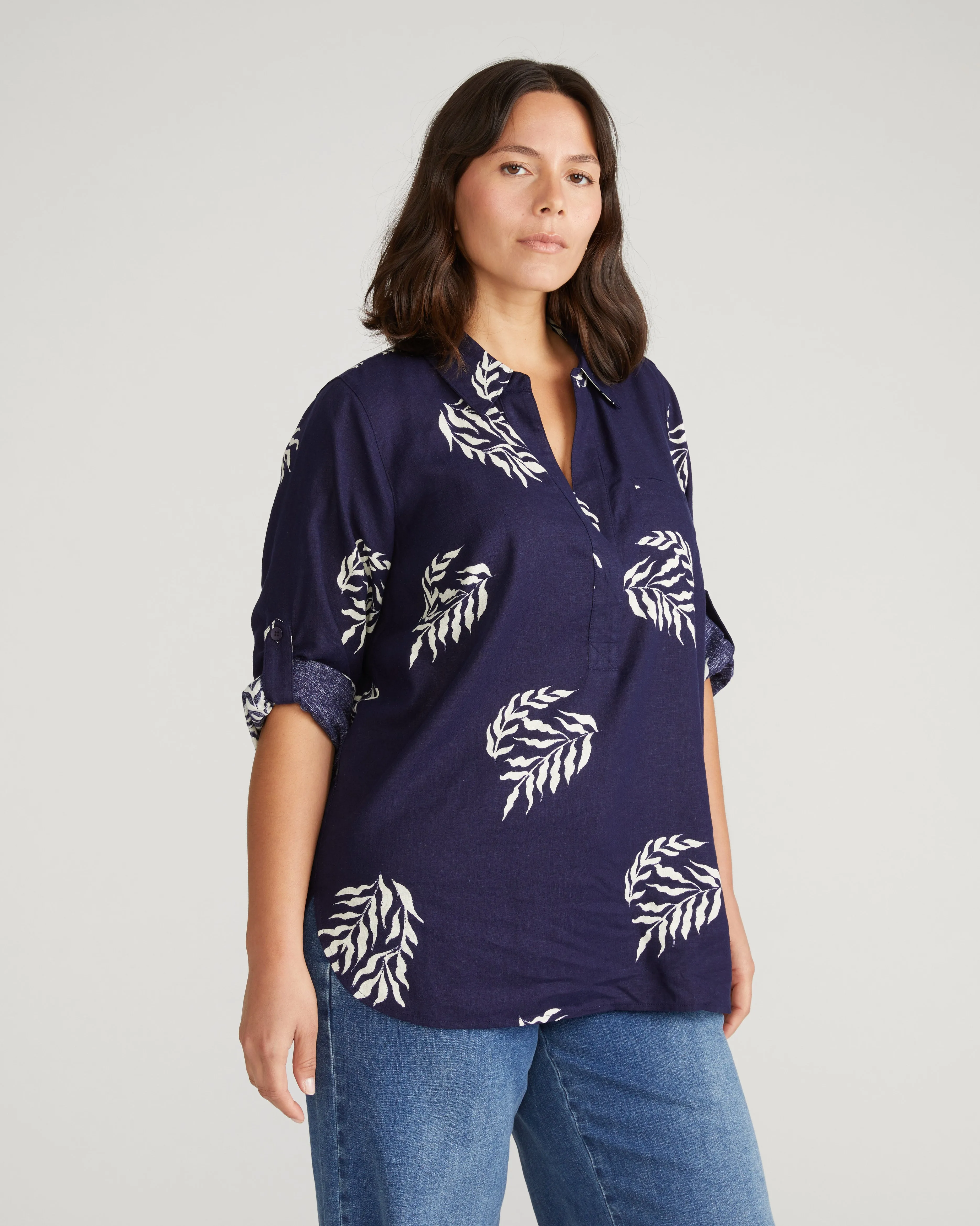 Button Back Linen Polo Shirt - Beachgrass Print in Navy sold by Universal Standard product image thumbnail 4
