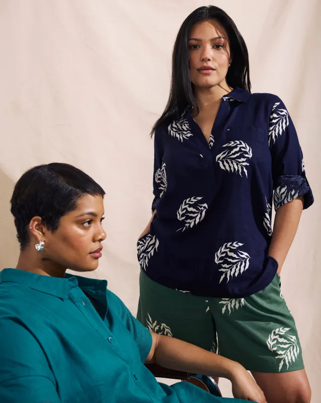 Button Back Linen Polo Shirt - Beachgrass Print in Navy sold by Universal Standard