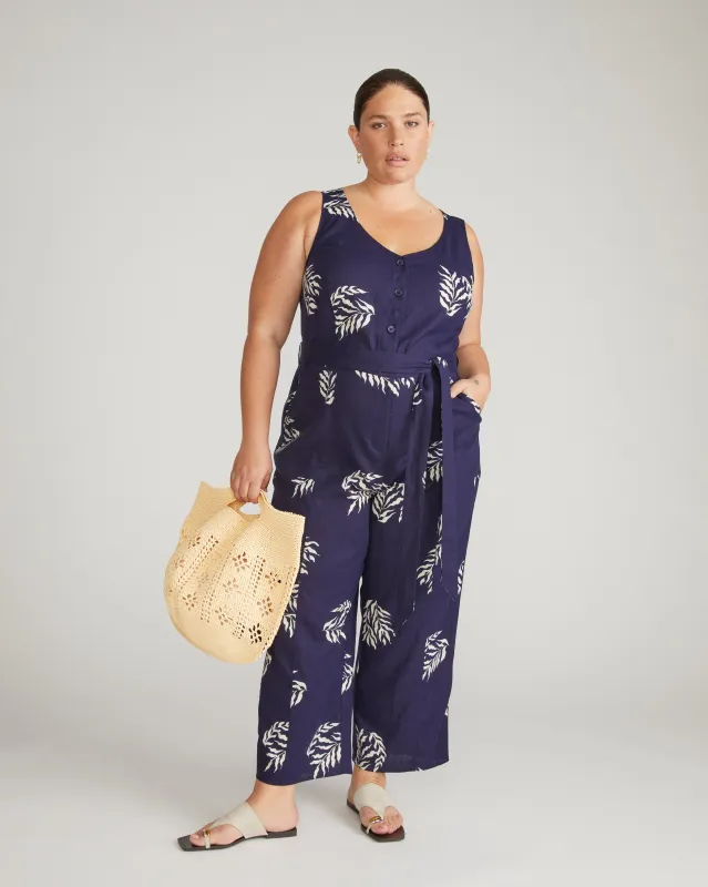 Matilda Linen Jumpsuit - Beachgrass Print in Navy sold by Universal Standard