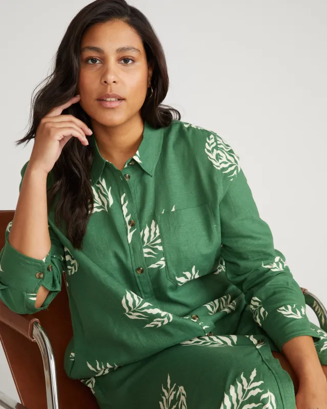 Odeon Linen Shirtdress - Beachgrass Print in Green sold by Universal Standard