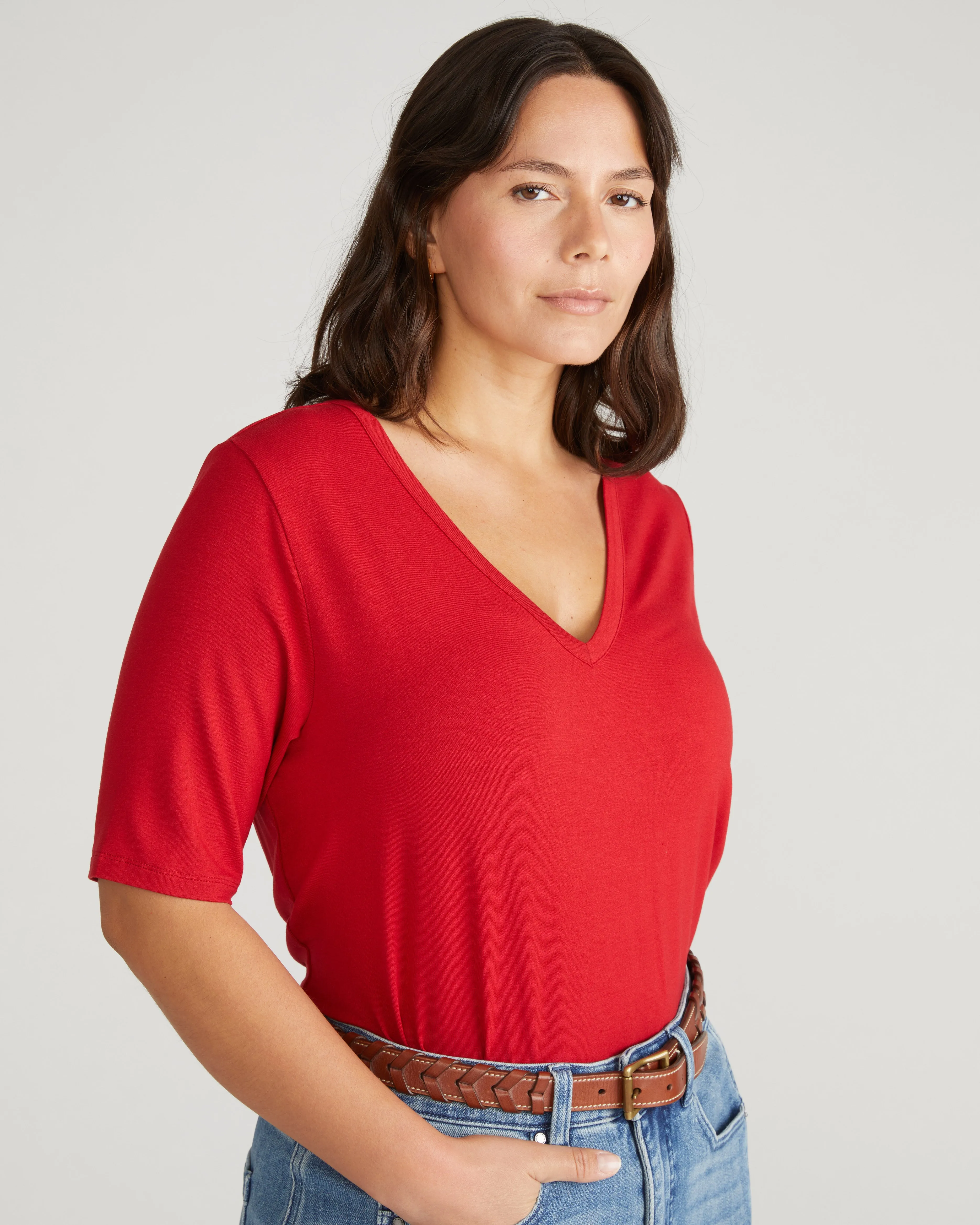 Lily Liquid Jersey V-Neck Stovepipe Tee - New York Red sold by Universal Standard product image thumbnail 2