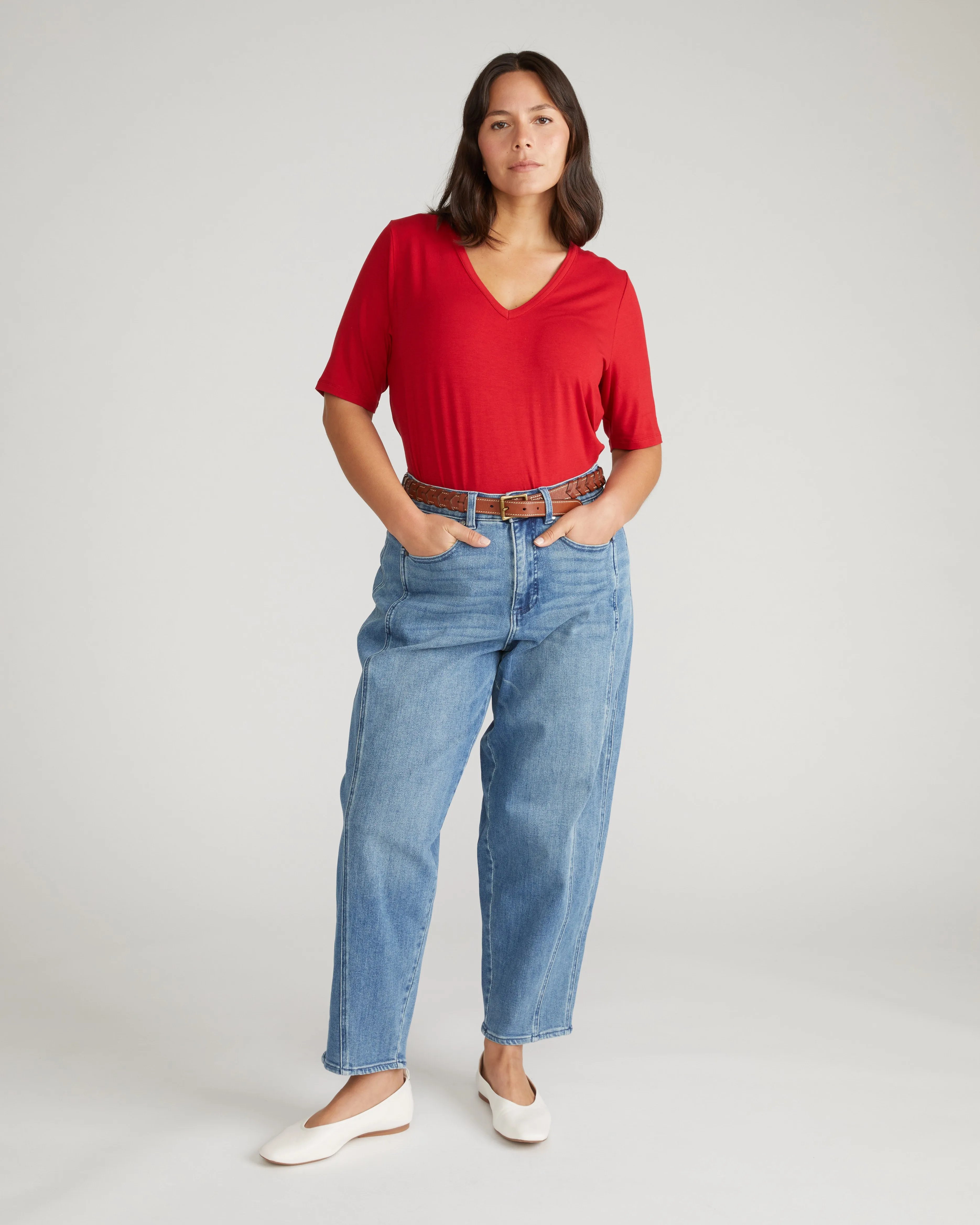 Lily Liquid Jersey V-Neck Stovepipe Tee - New York Red sold by Universal Standard