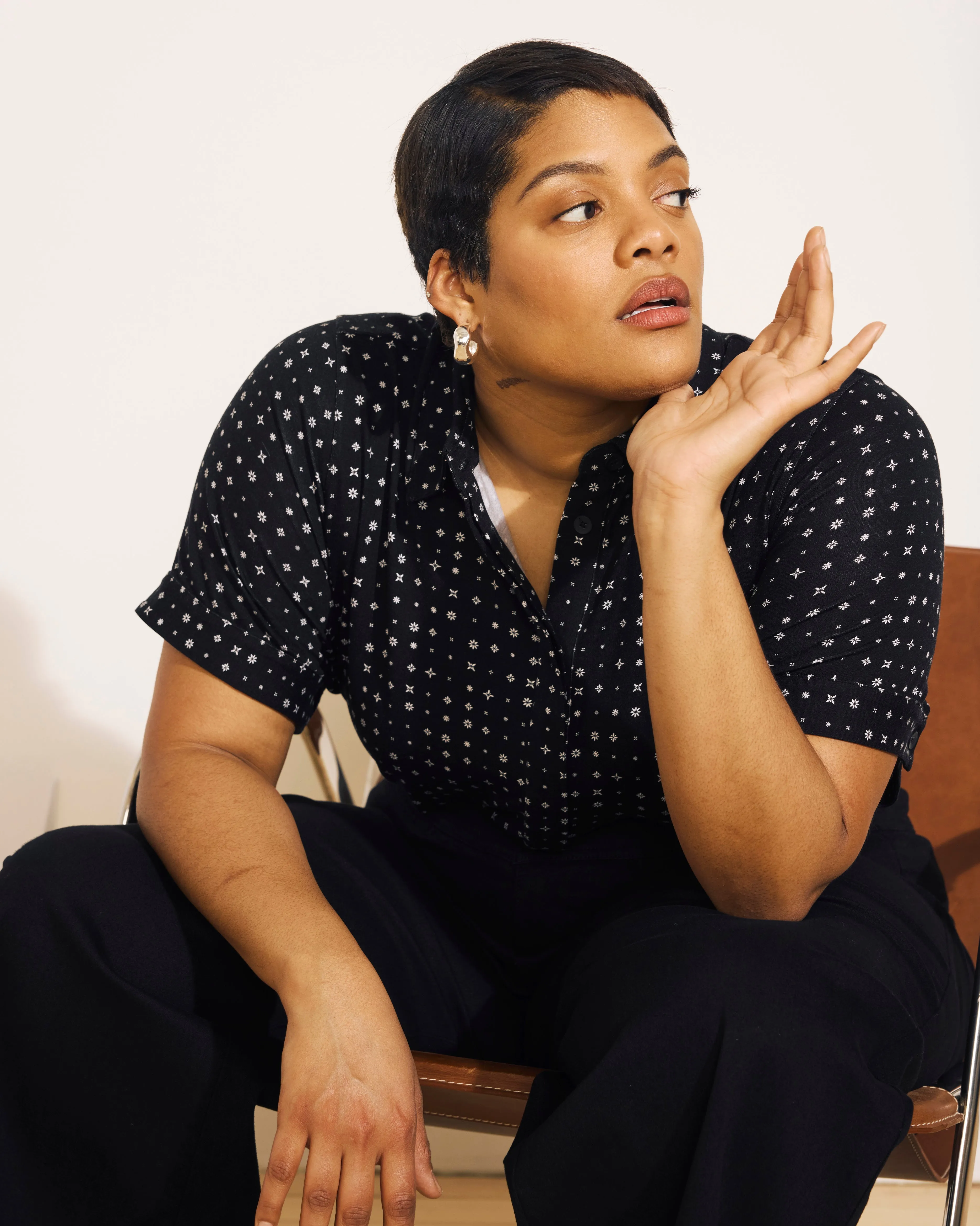 Chelsea Liquid Jersey Short Sleeve Shirt - Galactic Print in Black sold by Universal Standard