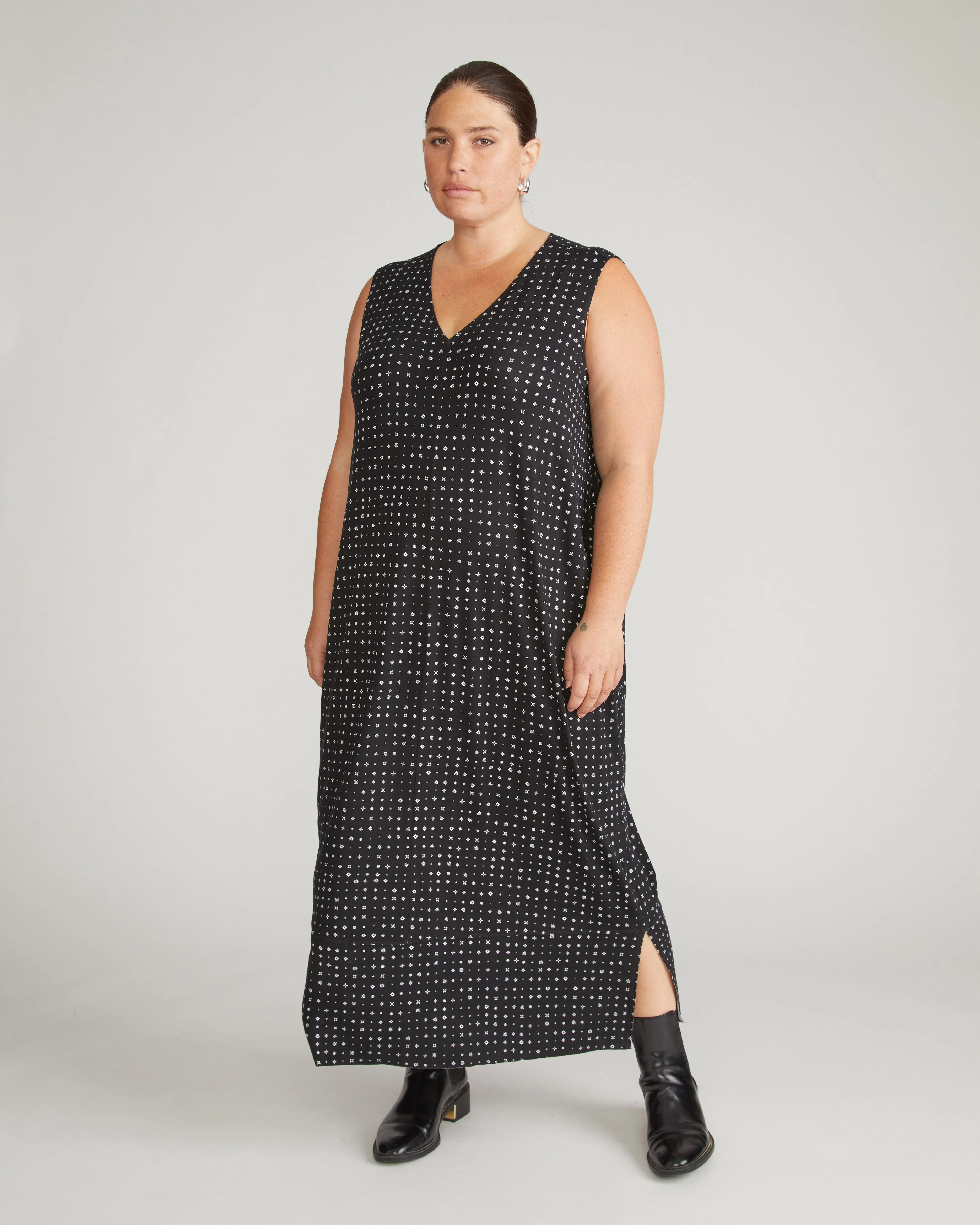 Claremont Liquid Jersey Sheath Dress - Galactic Print in Black sold by Universal Standard