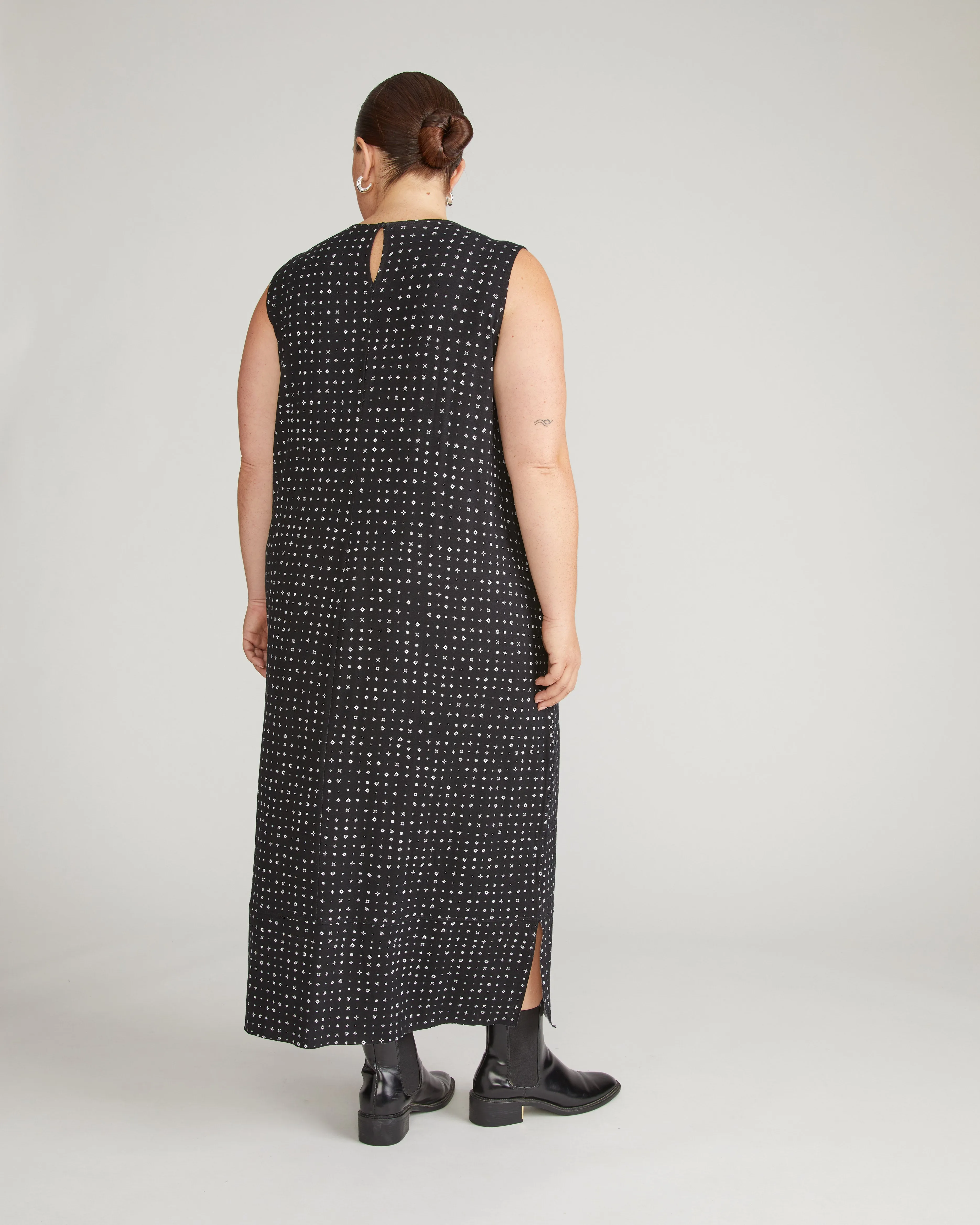 Claremont Liquid Jersey Sheath Dress - Galactic Print in Black sold by Universal Standard product image thumbnail 3