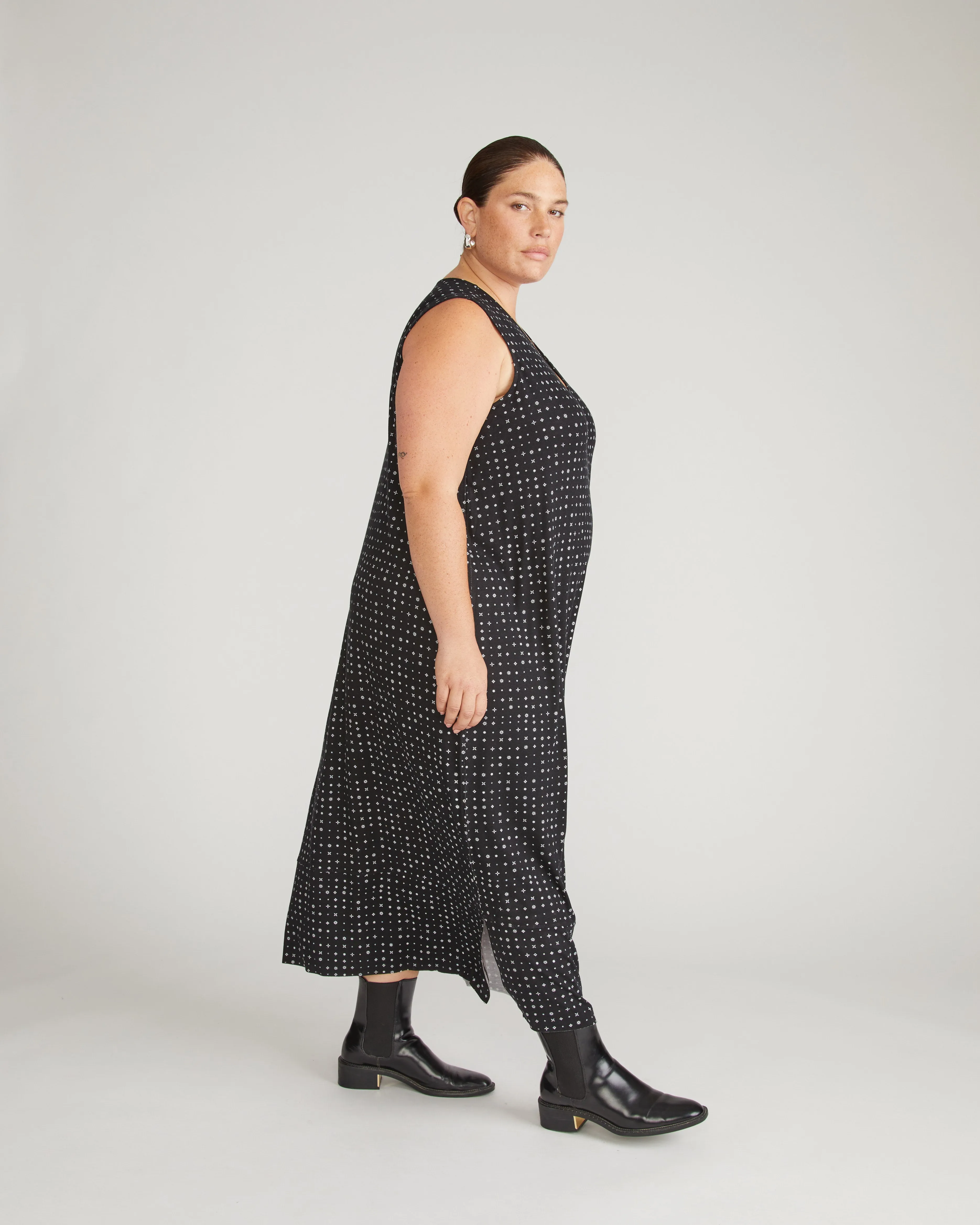 Claremont Liquid Jersey Sheath Dress - Galactic Print in Black sold by Universal Standard product image thumbnail 2