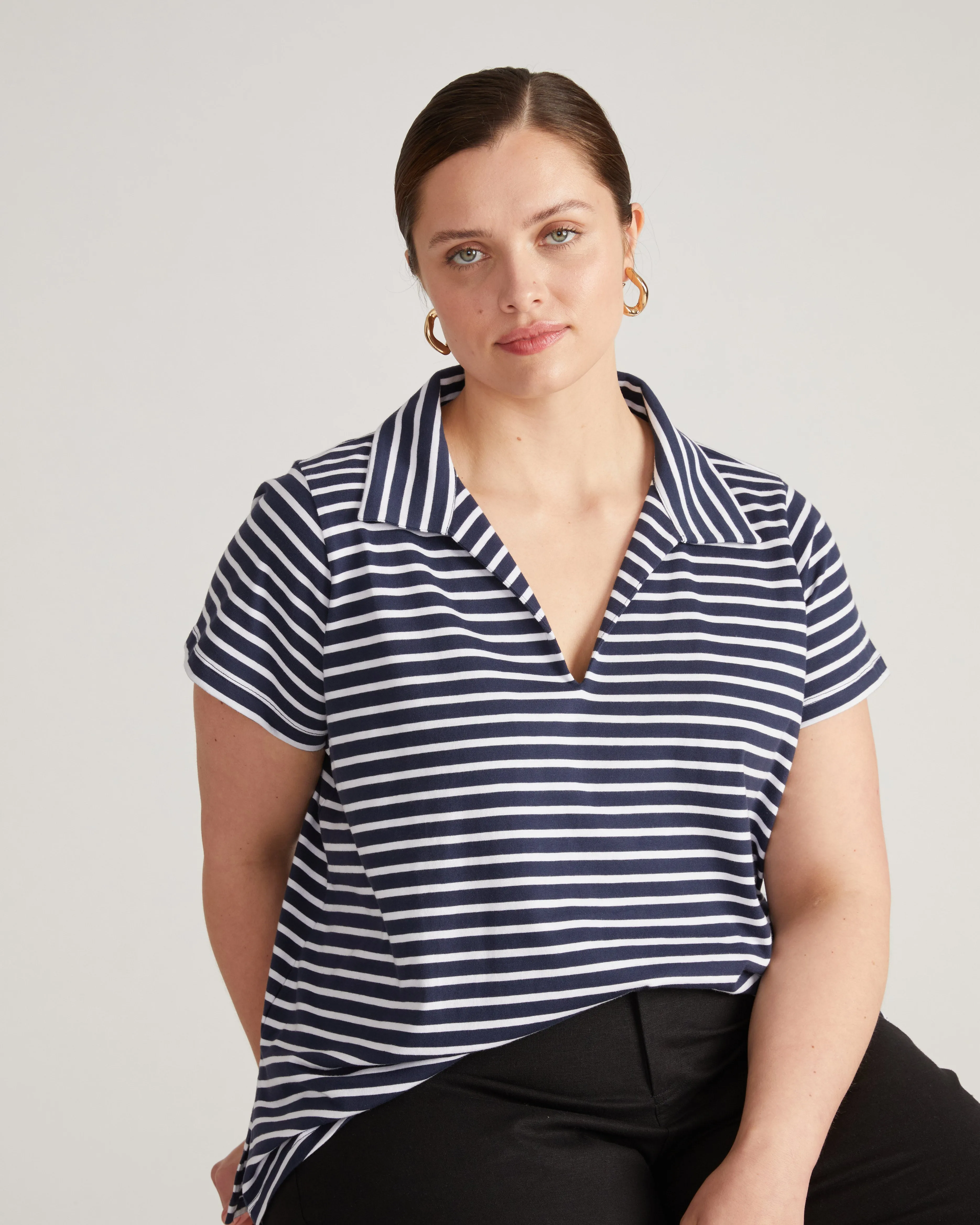 Cecile Breton Polo - Navy/White Stripe sold by Universal Standard