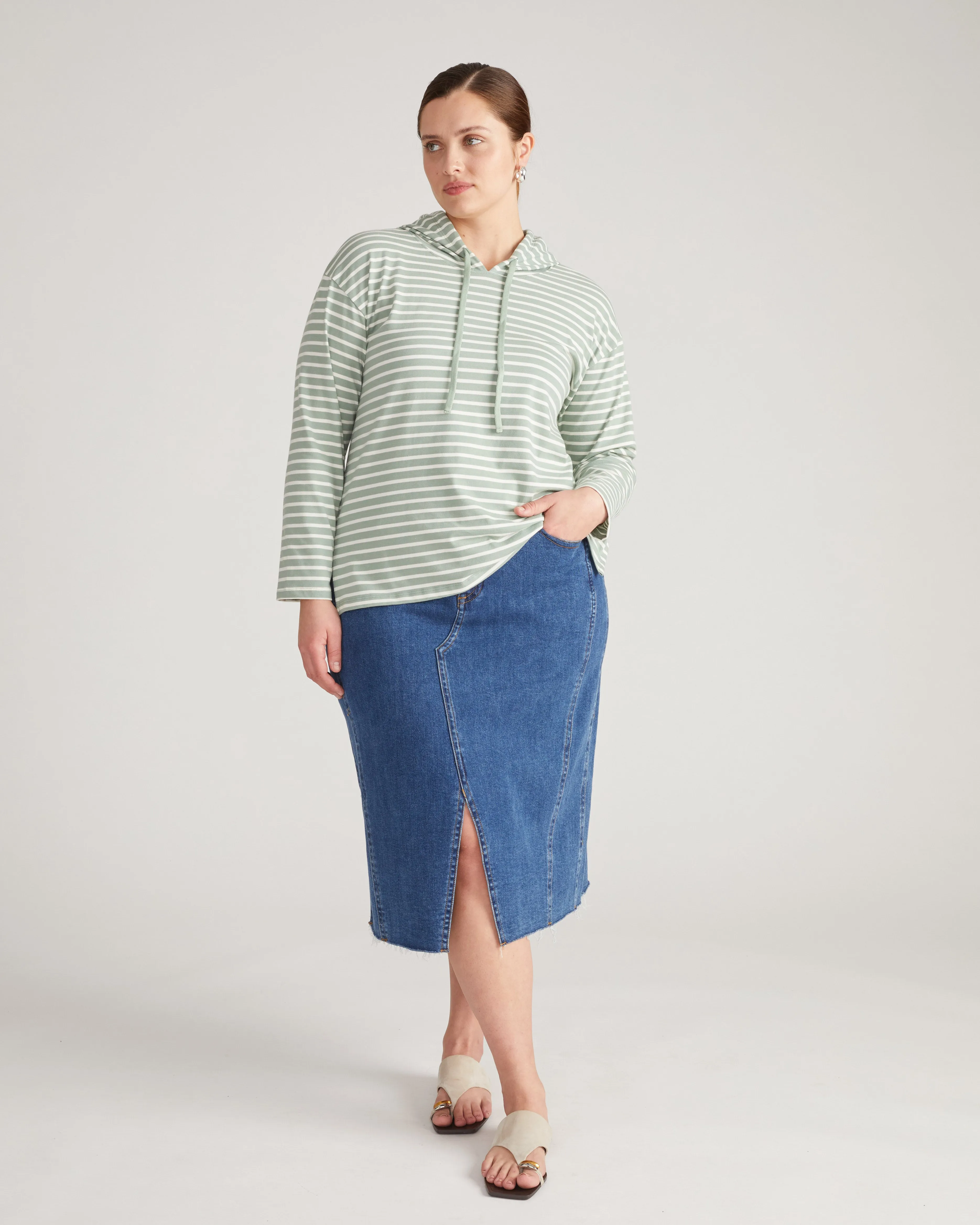 Baja Breton Hoodie - Sage/Ecru Stripe sold by Universal Standard