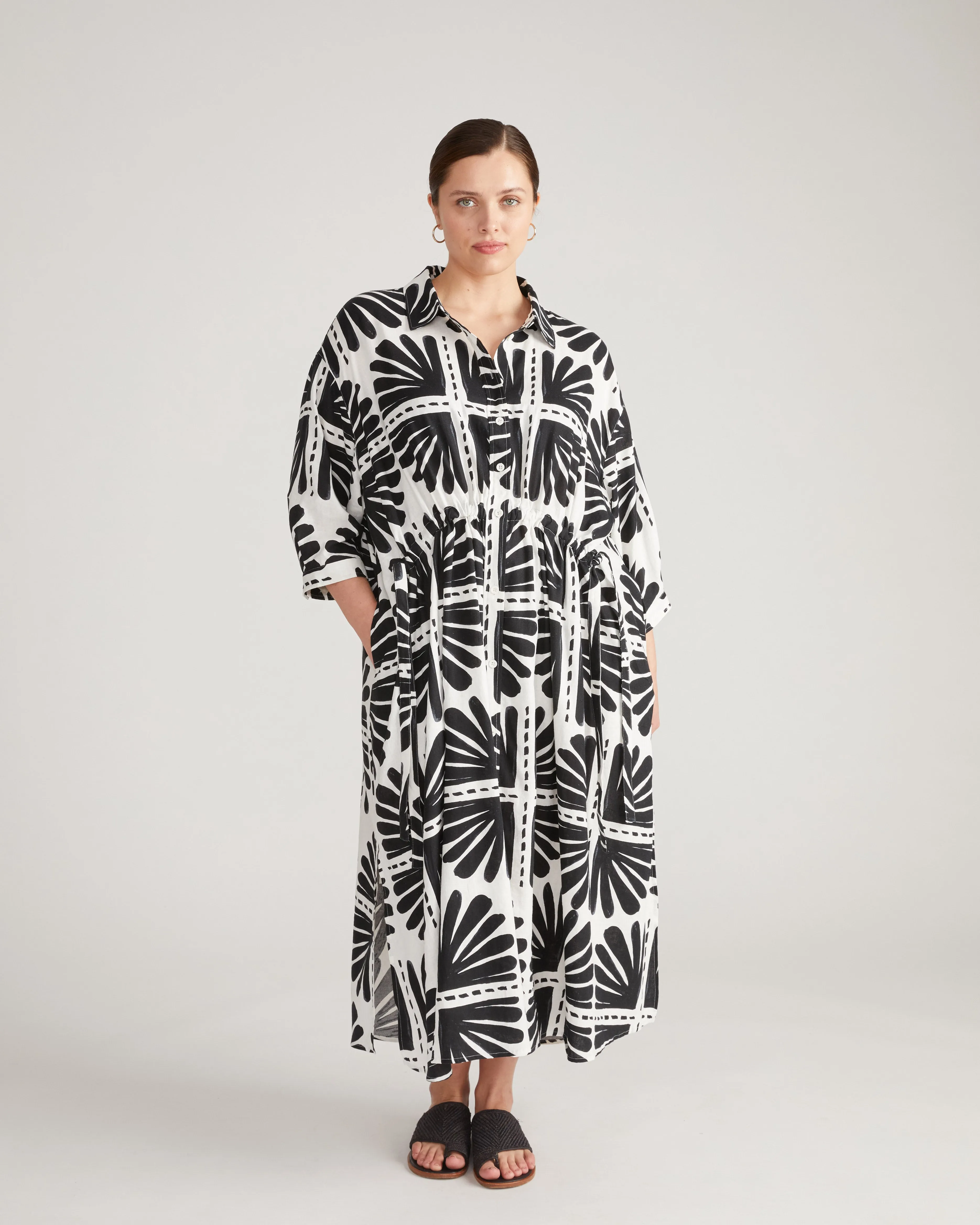 Paros Drawstring Linen Shirtdress - Ink Bloom Print sold by Universal Standard product image thumbnail 2