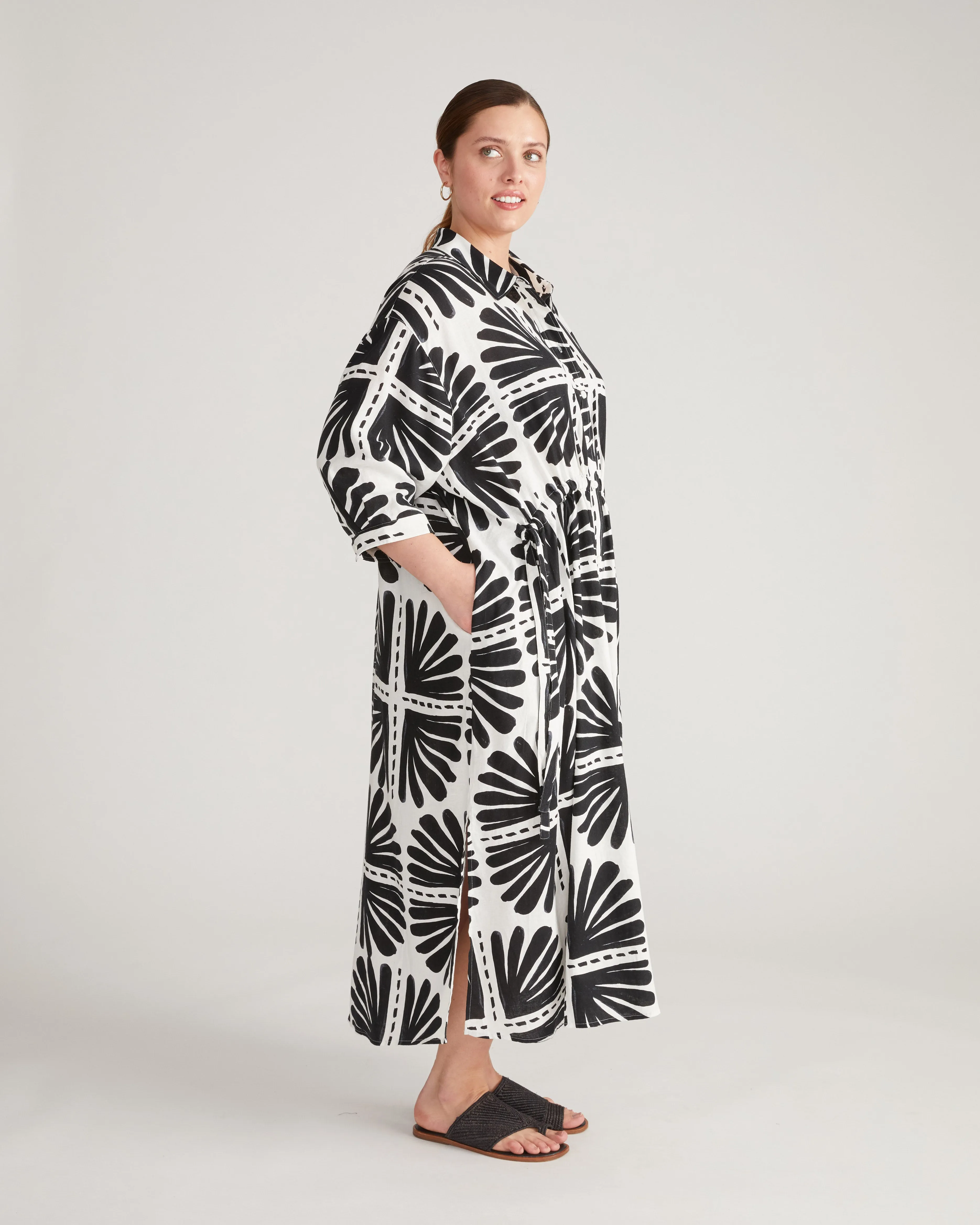Paros Drawstring Linen Shirtdress - Ink Bloom Print sold by Universal Standard product image thumbnail 3