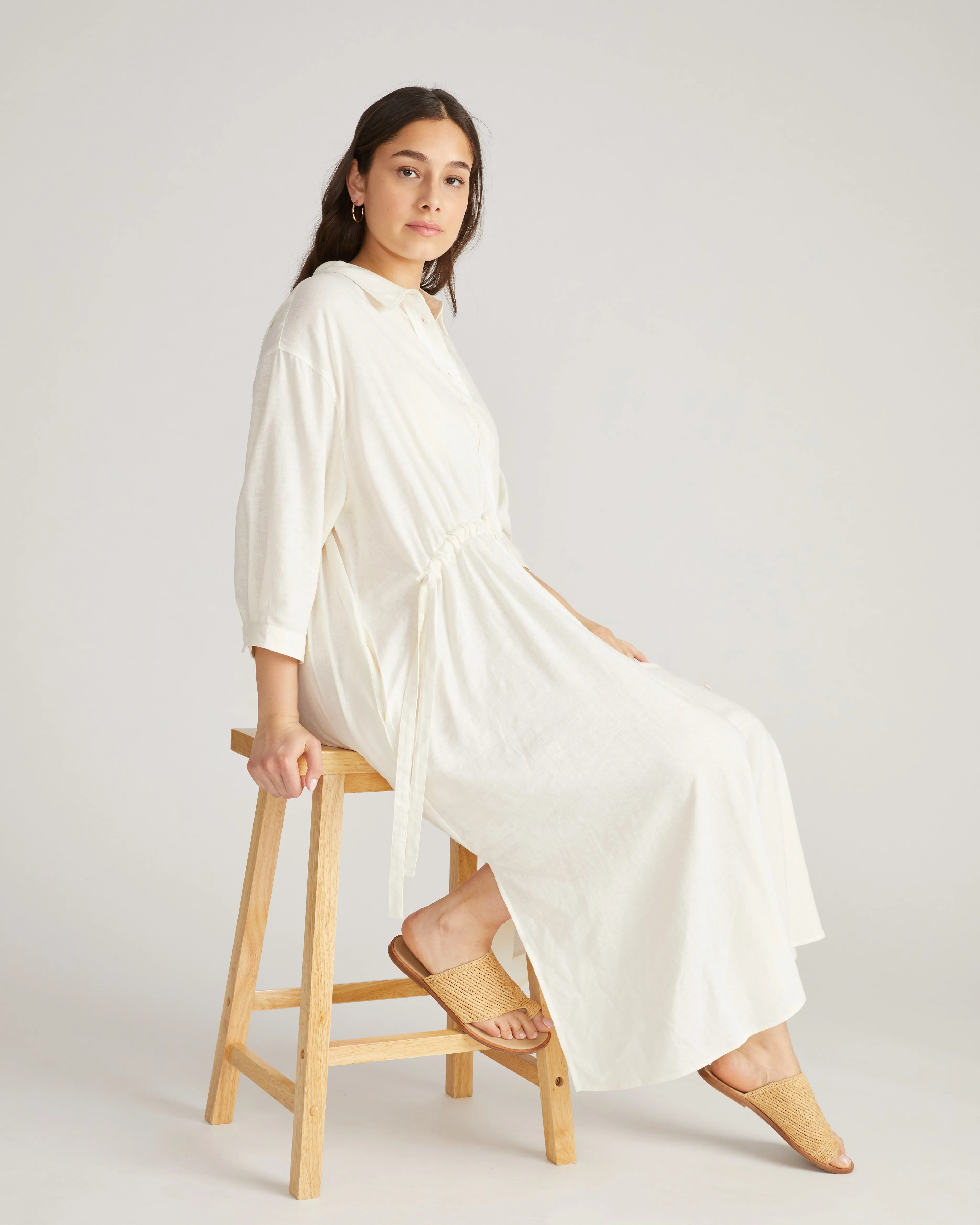 Paros Drawstring Linen Shirtdress - White sold by Universal Standard