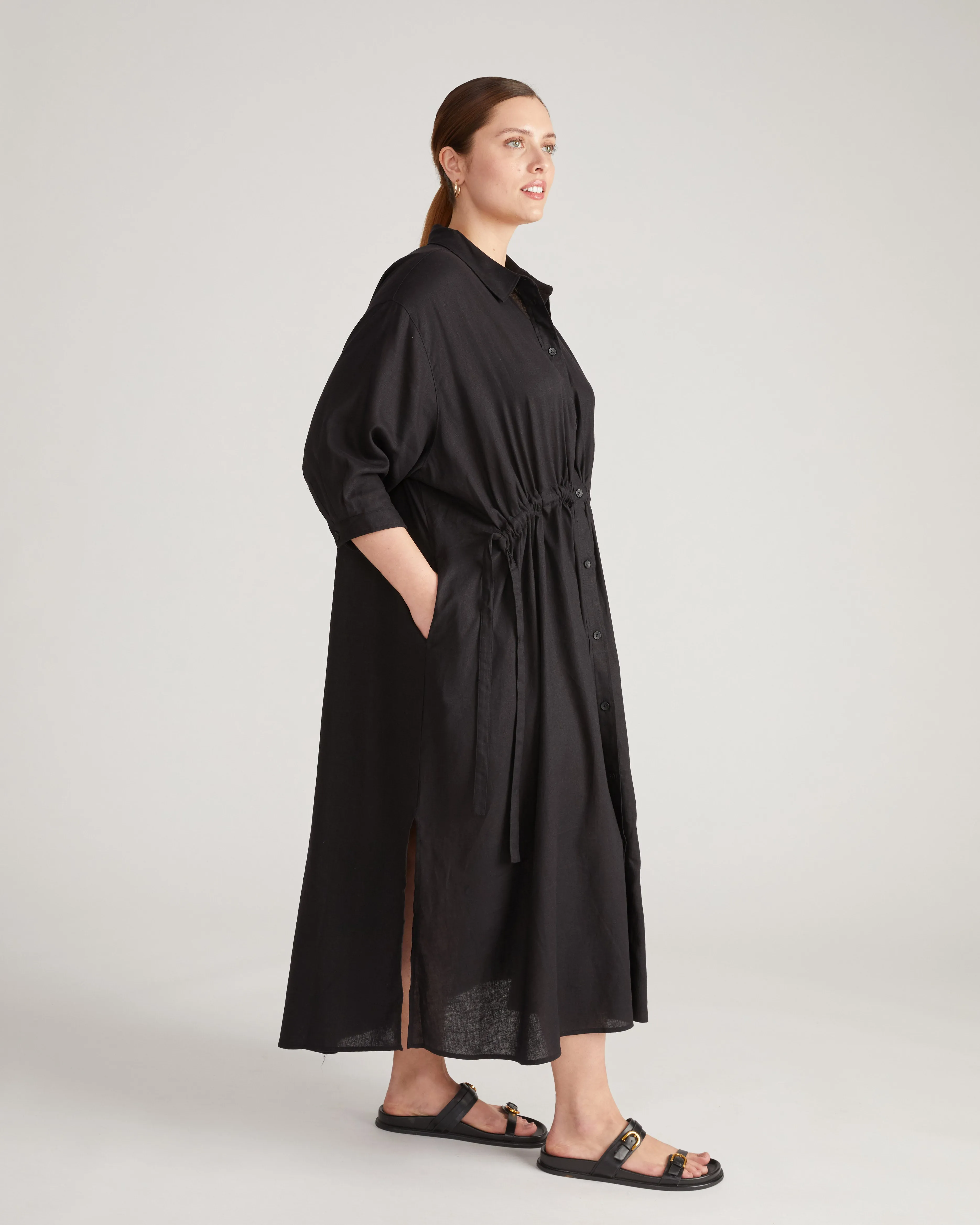 Paros Drawstring Linen Shirtdress - Black sold by Universal Standard product image thumbnail 3