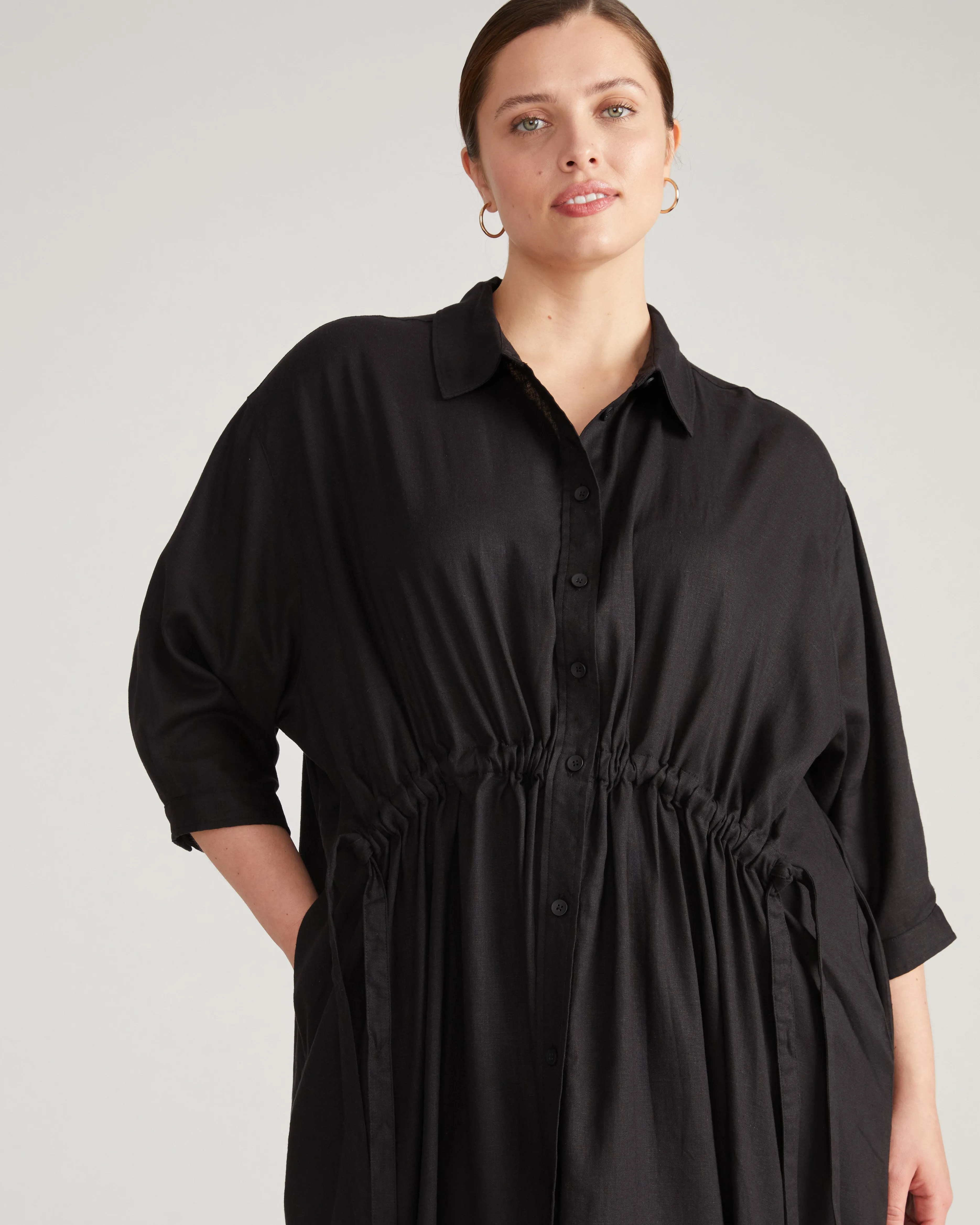 Paros Drawstring Linen Shirtdress - Black sold by Universal Standard product image thumbnail 2