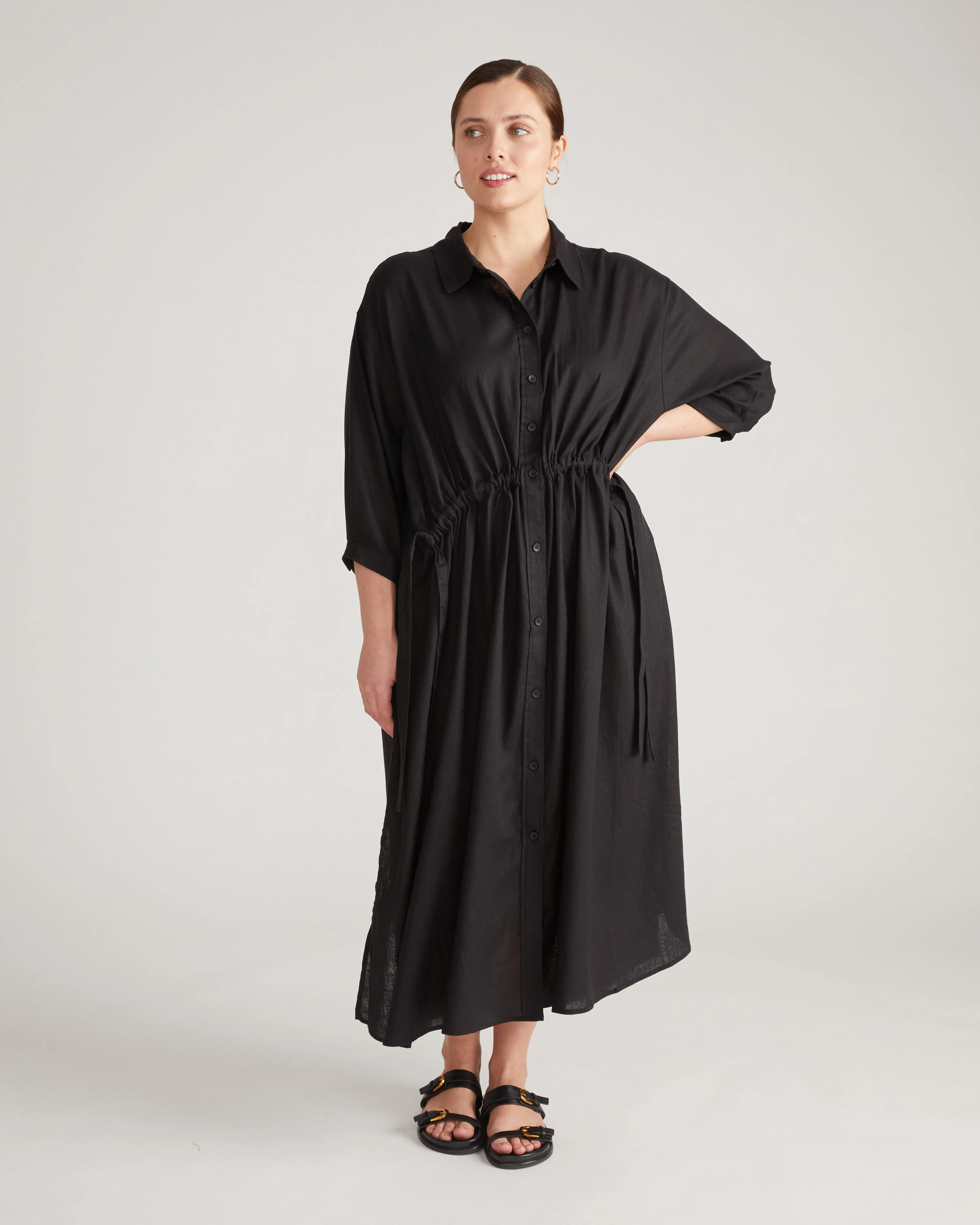 Paros Drawstring Linen Shirtdress - Black sold by Universal Standard