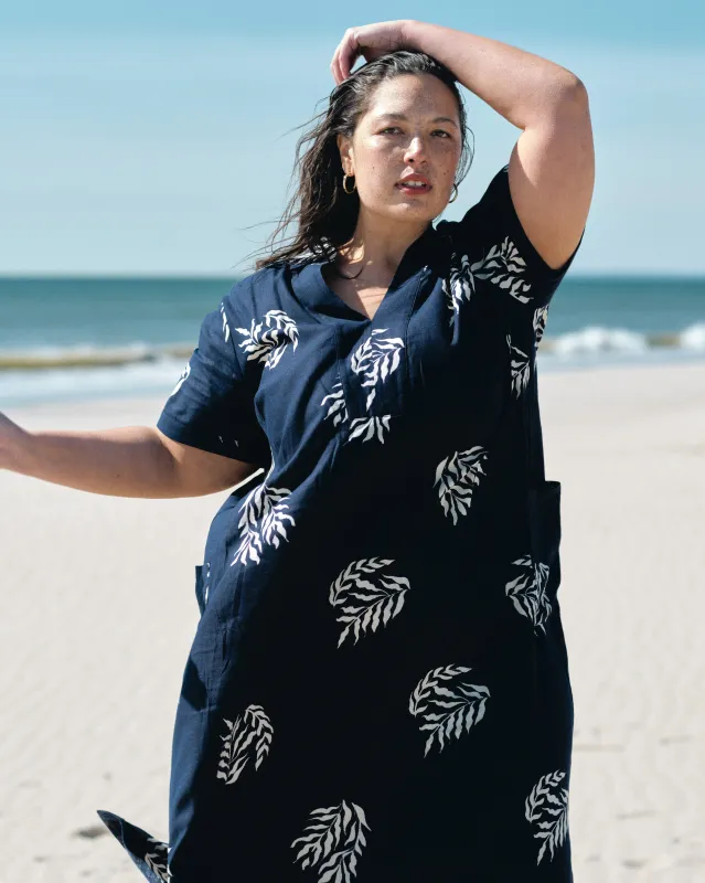 Padma Polo Neck Linen Dress - Beachgrass Print in Navy sold by Universal Standard